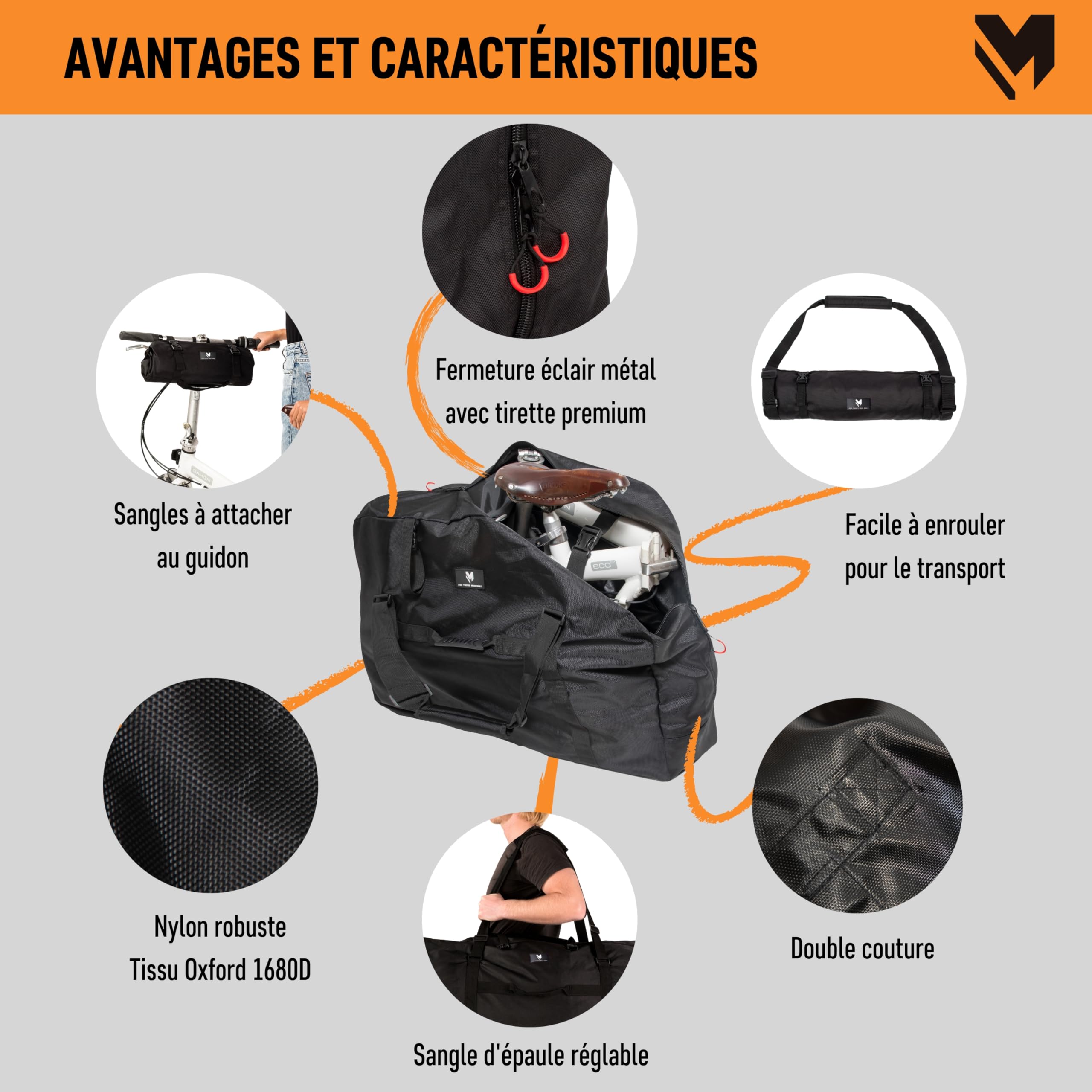 lamaki Housse Velo Pliant 14-20 Pouces pour Transport - Convient à Brompton, Dahon, Tern, B’Twin - Sac Velo en Nylon 1680D avec Fermetures Métalliques - Idéal Voyage et Train - Housse Transport Velo