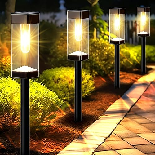 Miniatura 1 de Paquete de 8 luces solares para caminos al aire libre, luces solares impermeables para exteriores, luces LED solares para jardín con bombilla de