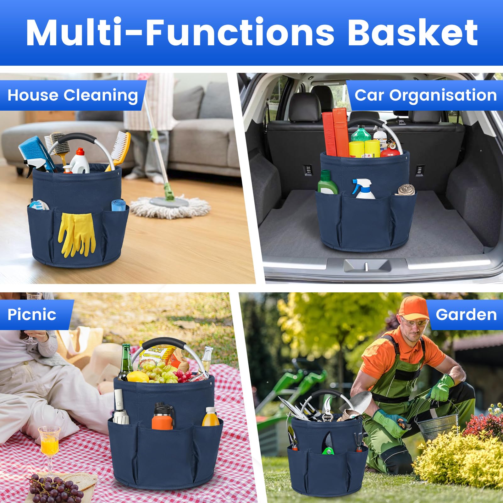 Carello Pulizie con Manico,2 Cestini Porta Atrezzi con 6 Tasche Esterne,Borsa Organizer Pieghevole Sacca Portaoggetti Borsa per Utensili di Pulizia,Contenitore per Pulizia Professionale,Blu