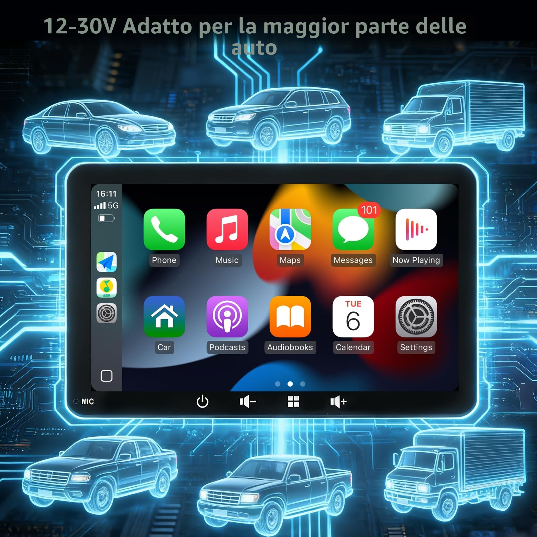 Schermo Auto 7" con Carplay Wireless e Android Auto - Display Portatile con Telecamera Posteriore | FM Trasmettitore, AUX, USB | Plug & Play per la maggior parte delle auto (7 pollici + fotocamera)