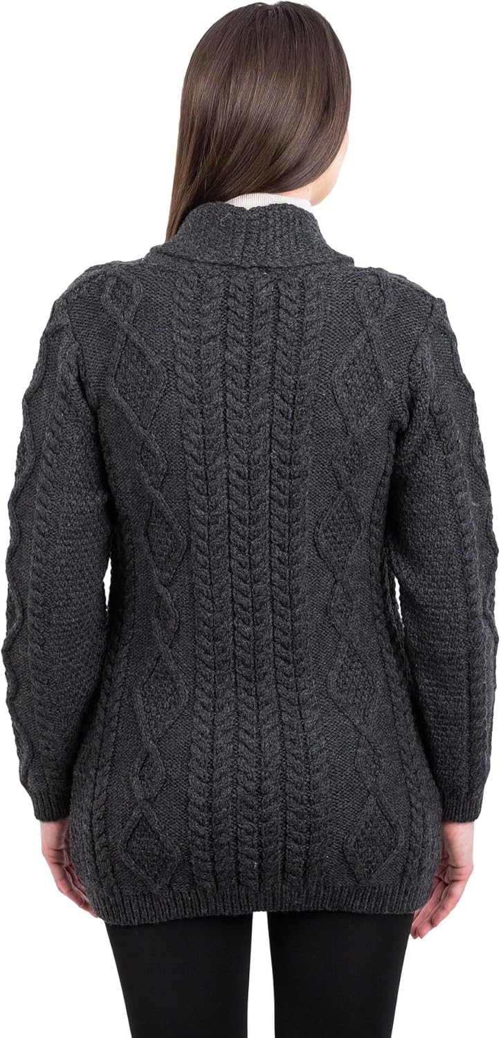 SAOL Shawl Neck Cardigan for Ladies 100% Merino Wool Buttoned V-Neck Sweater Made in Ireland