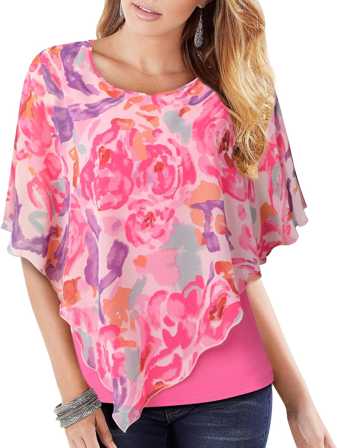 Lotusmile Women's Lightweight Flowy Shirt Double-Layered Printed Chiffon Poncho Blouse Top