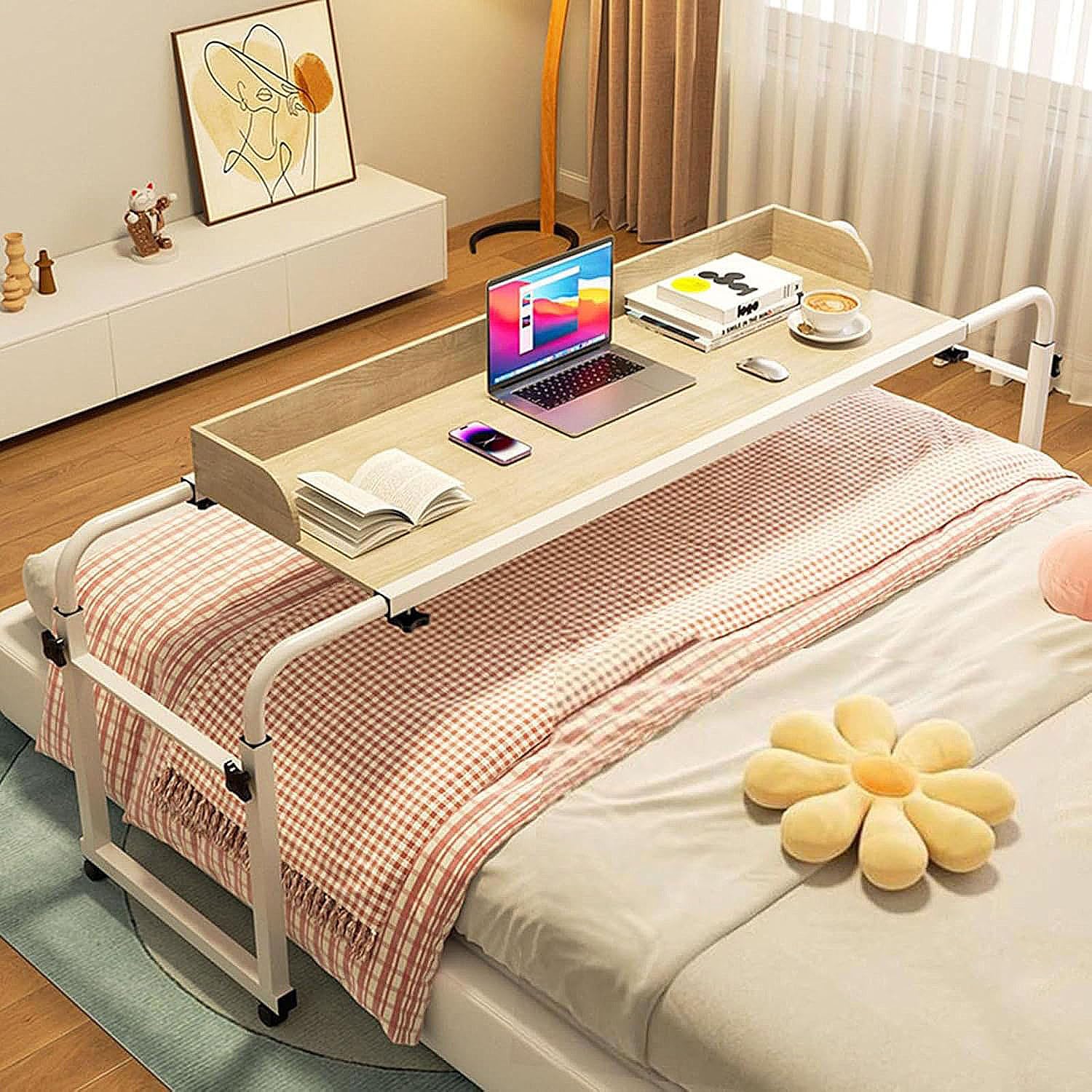 GXQFC Bed Tables Overbed Tables, Rolling Medical Table Laptop Cart Bed Tables for Bed Sofa or Office Use(Color:Wood)