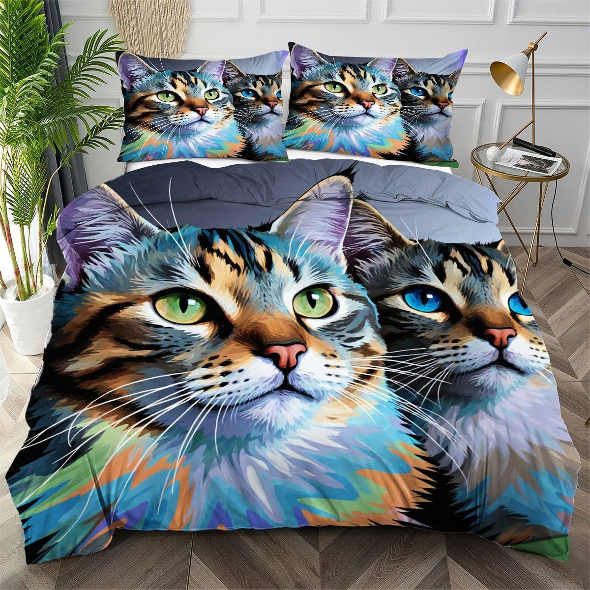 Housse de couette 140x200 chat coloré douce en microfibre avec zips