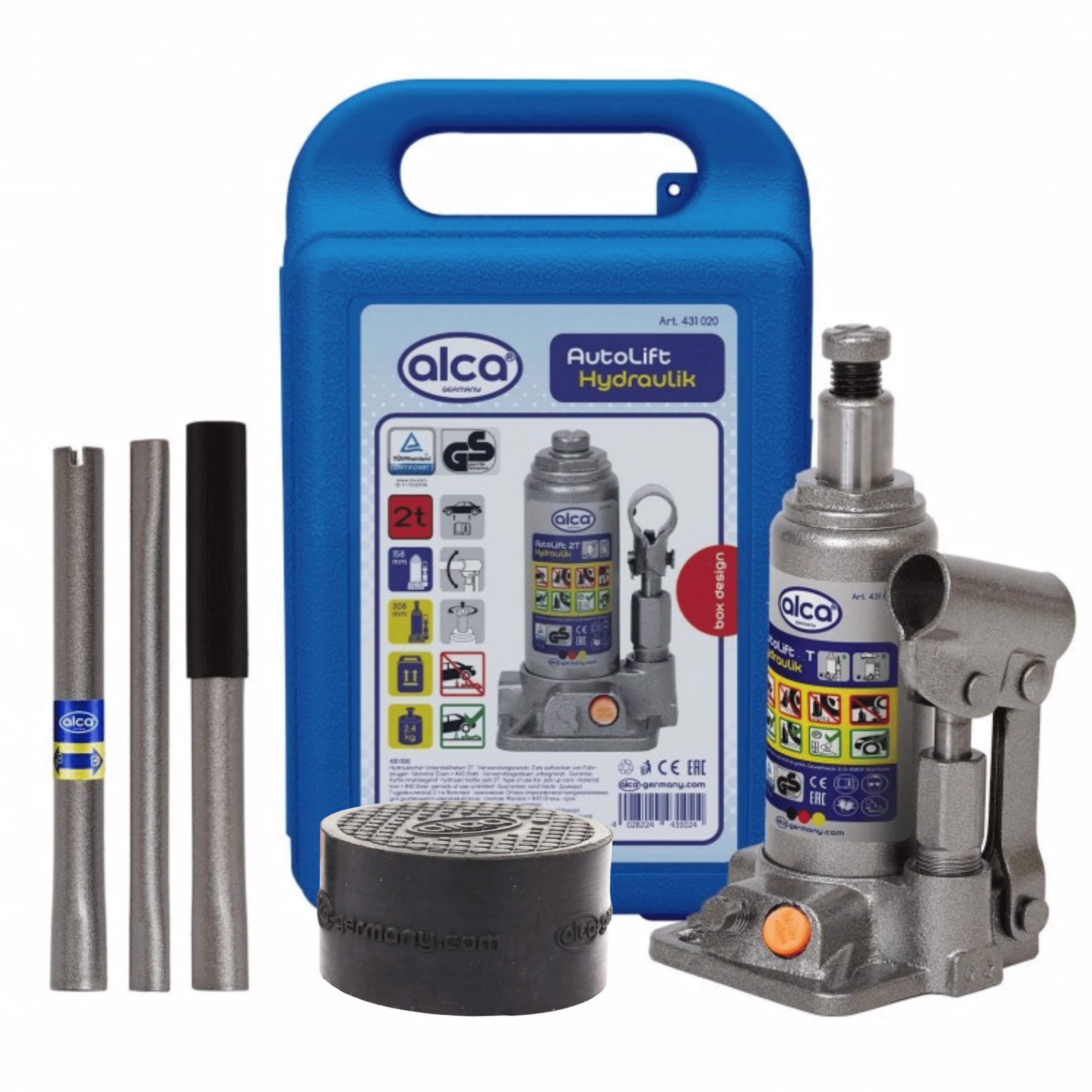 alca Soporte hidráulico de elevación para botella de coche con almohadilla de goma para coche, furgoneta, autocaravana a432050+RS (gato de botella de 5 toneladas)