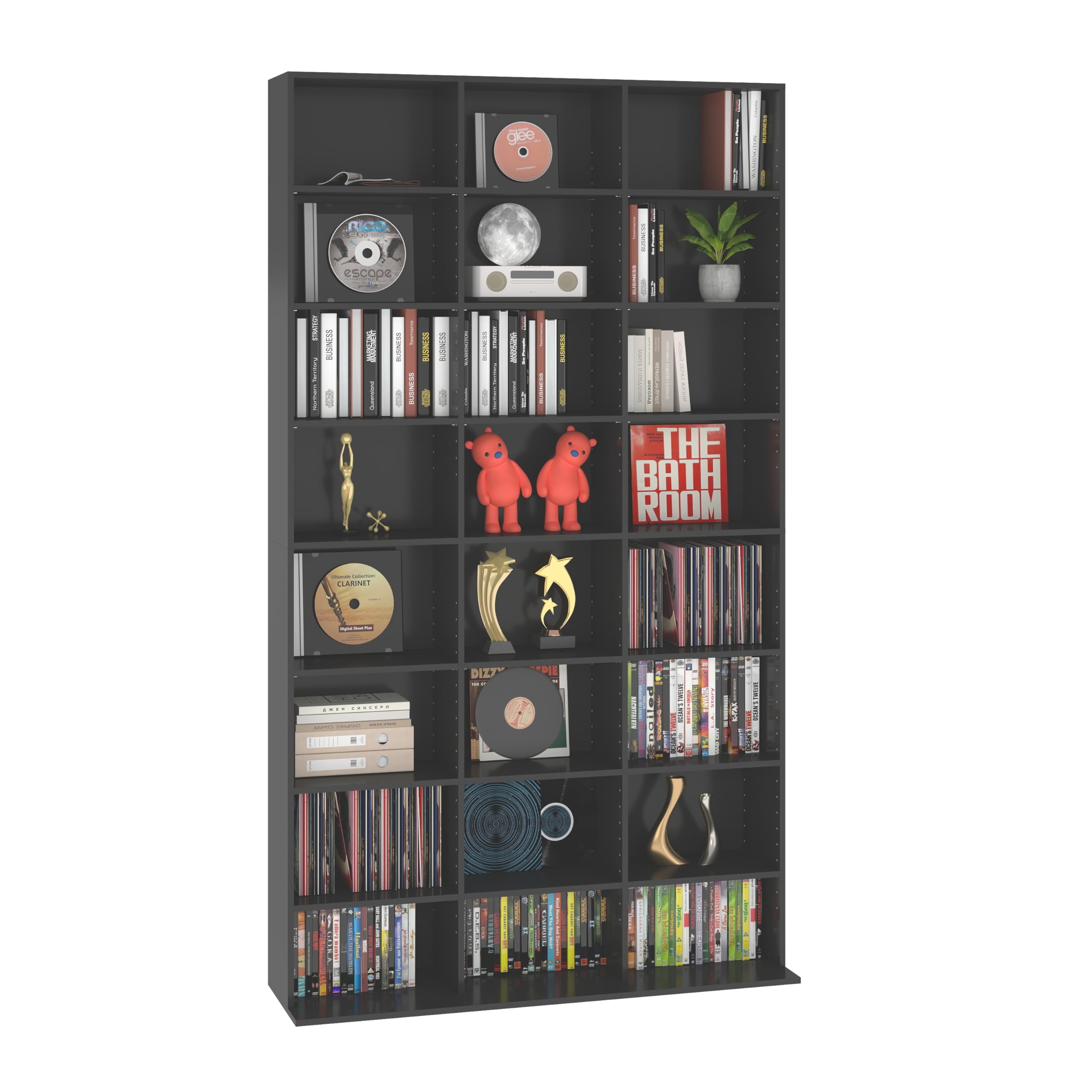 Mobile Porta CD con Ripiani Regolabili, Porta DVD a Colonna, Mobiletto DVD, 24 Scomparti, Vetrina da Collezione, adatto per Ufficio, Soggiorno e Studio, 102 x 23.5 x 180cm, Nero