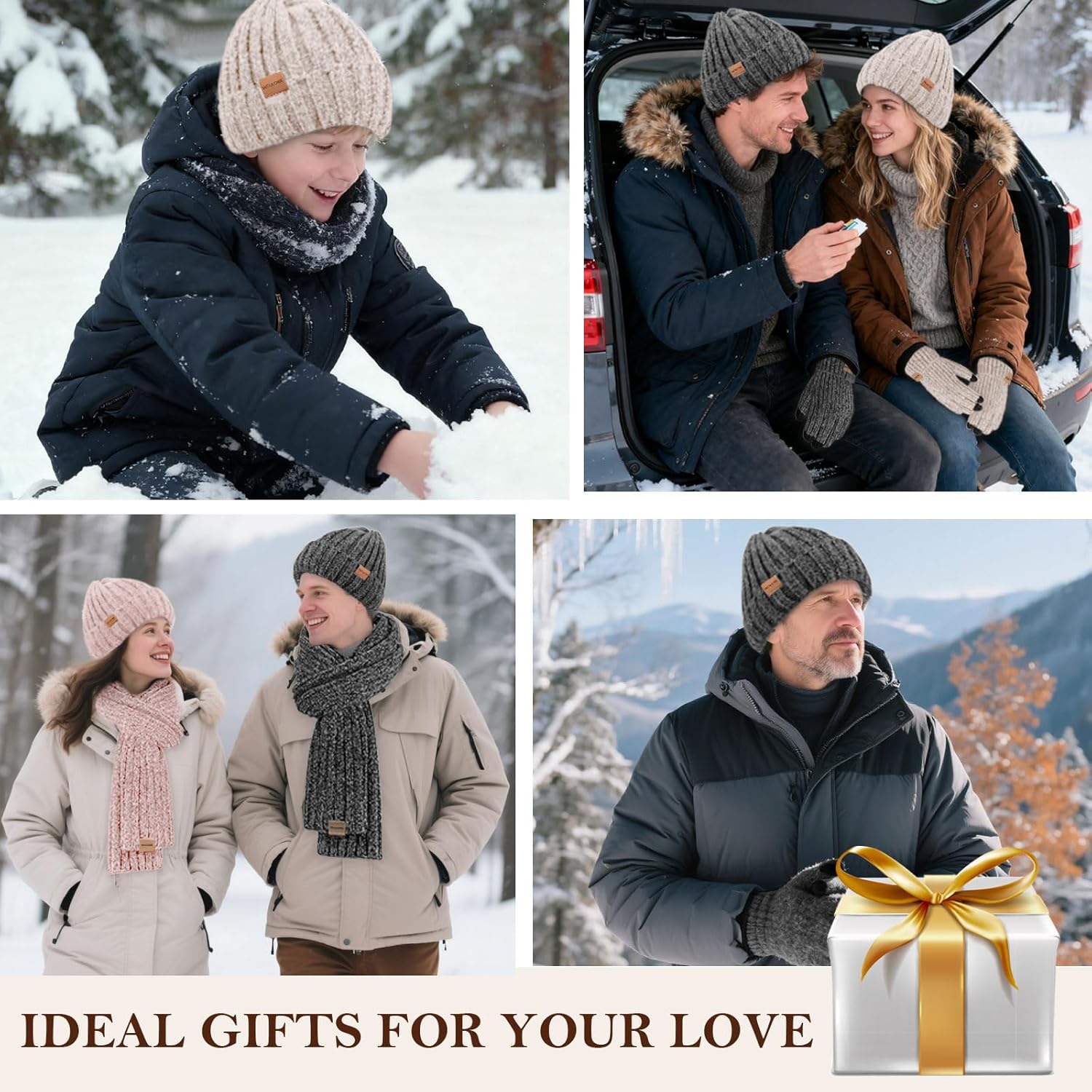 Womens Winter Beanie Hat Scarf Gloves Headband Set, Chenille Men Winter Knit Hats Touchscreen Gloves Fleece Lined Knit Scarfs - Image 6