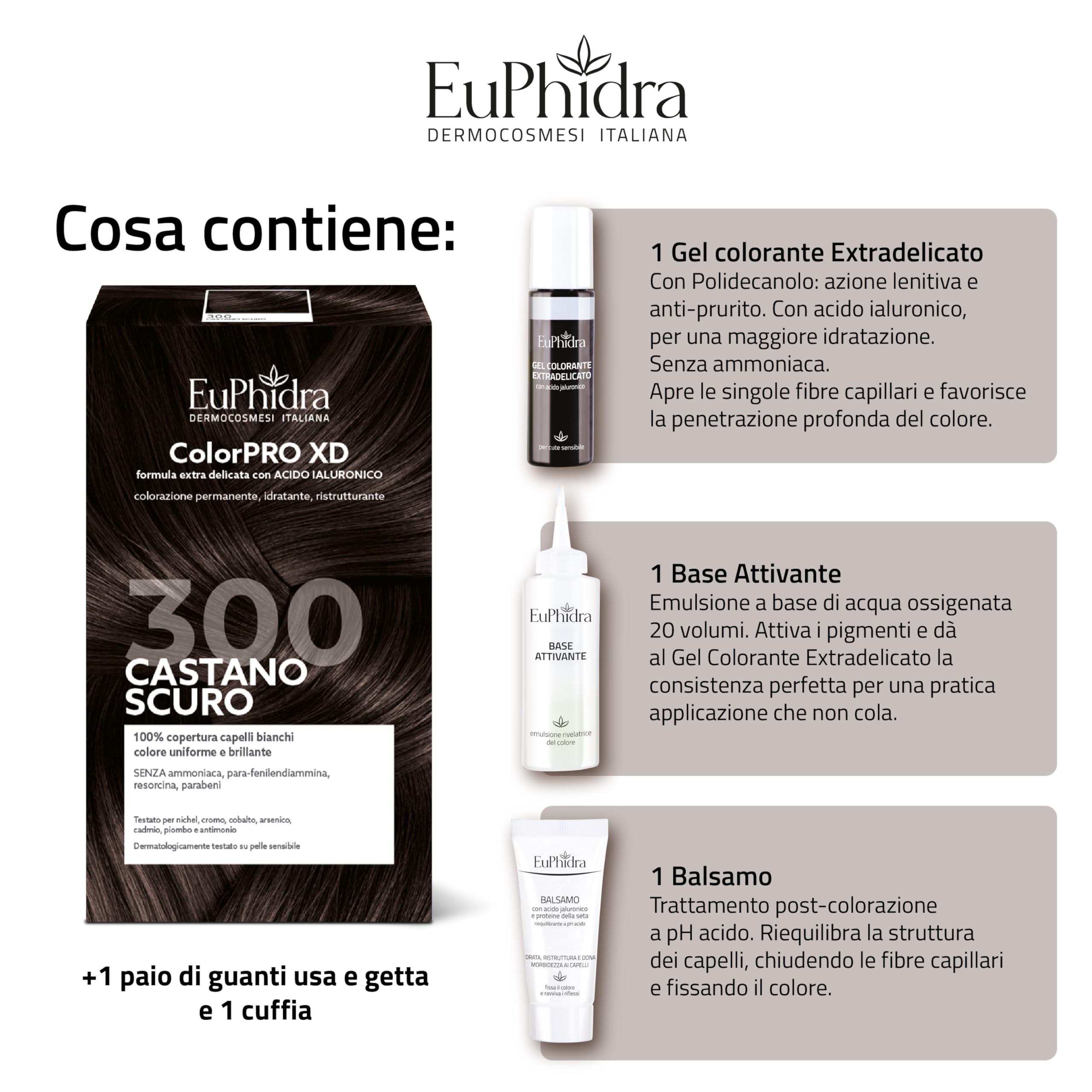 Euphidra - ColorPro XD 300, Castano Scuro, Colorazione Permanente con Acido Ialuronico, Idrata in Profondità, per un Risultato Professionale