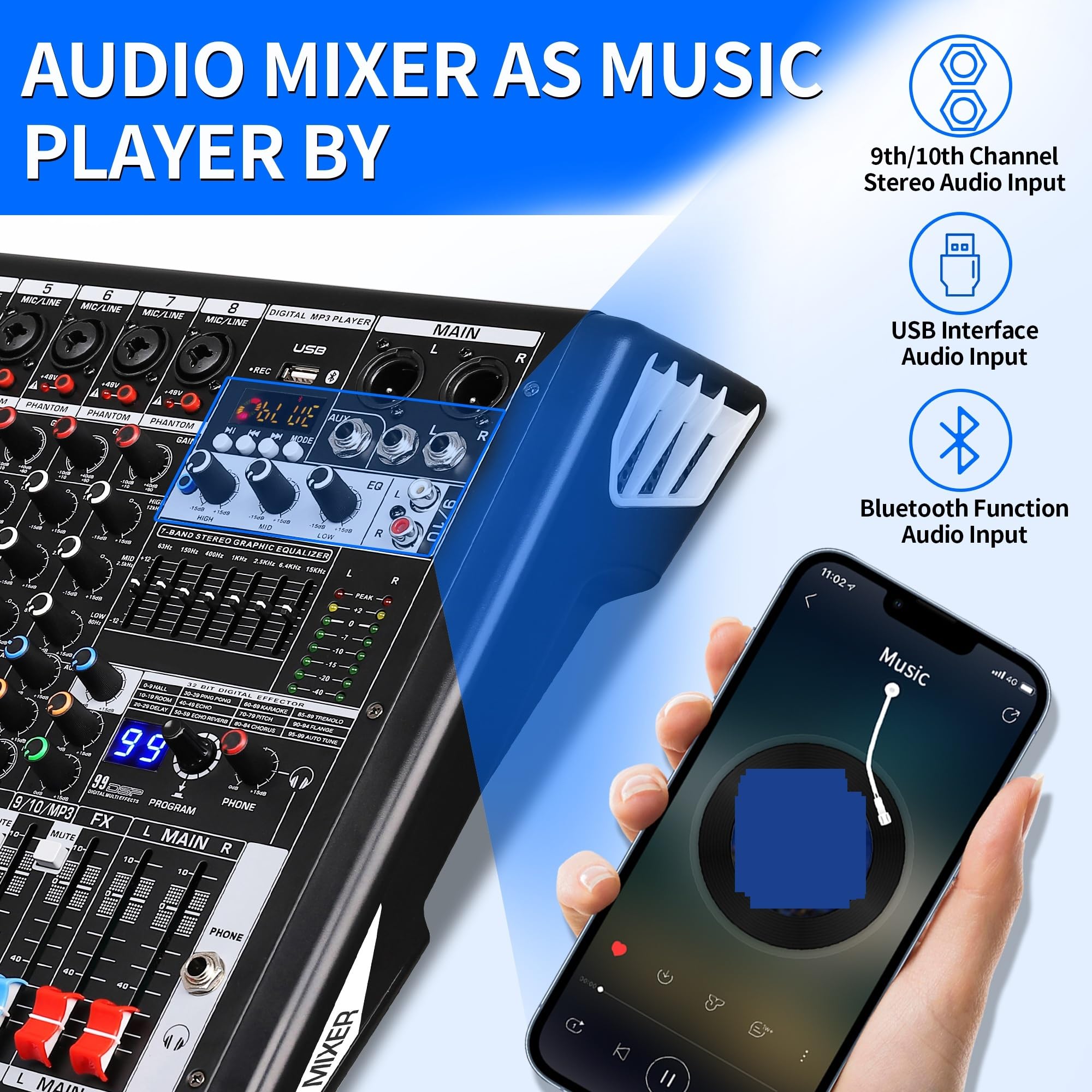 S-10 Dj Mixer Professionale 10 Canali con Lettore MP3 Mixer Digitale 99 DSP ed Effetti