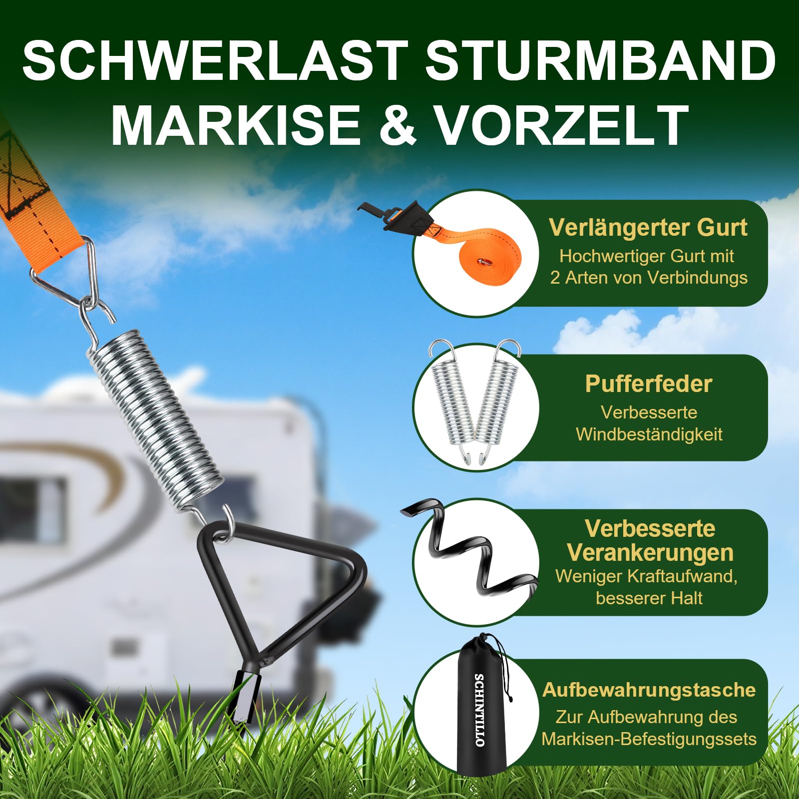 Juego de toldos de cinta para tormentas Thule/Fiamma con anclaje de suelo en espiral de 39 cm, protección contra tormentas, accesorios para carpas de autocaravana, resistencia al viento, duradero