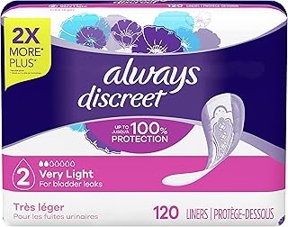 Always Discreet, Incontinence & Postpartum Liners For Women, Size 2, Very Light Absorbency, Regular Length, 120 Count