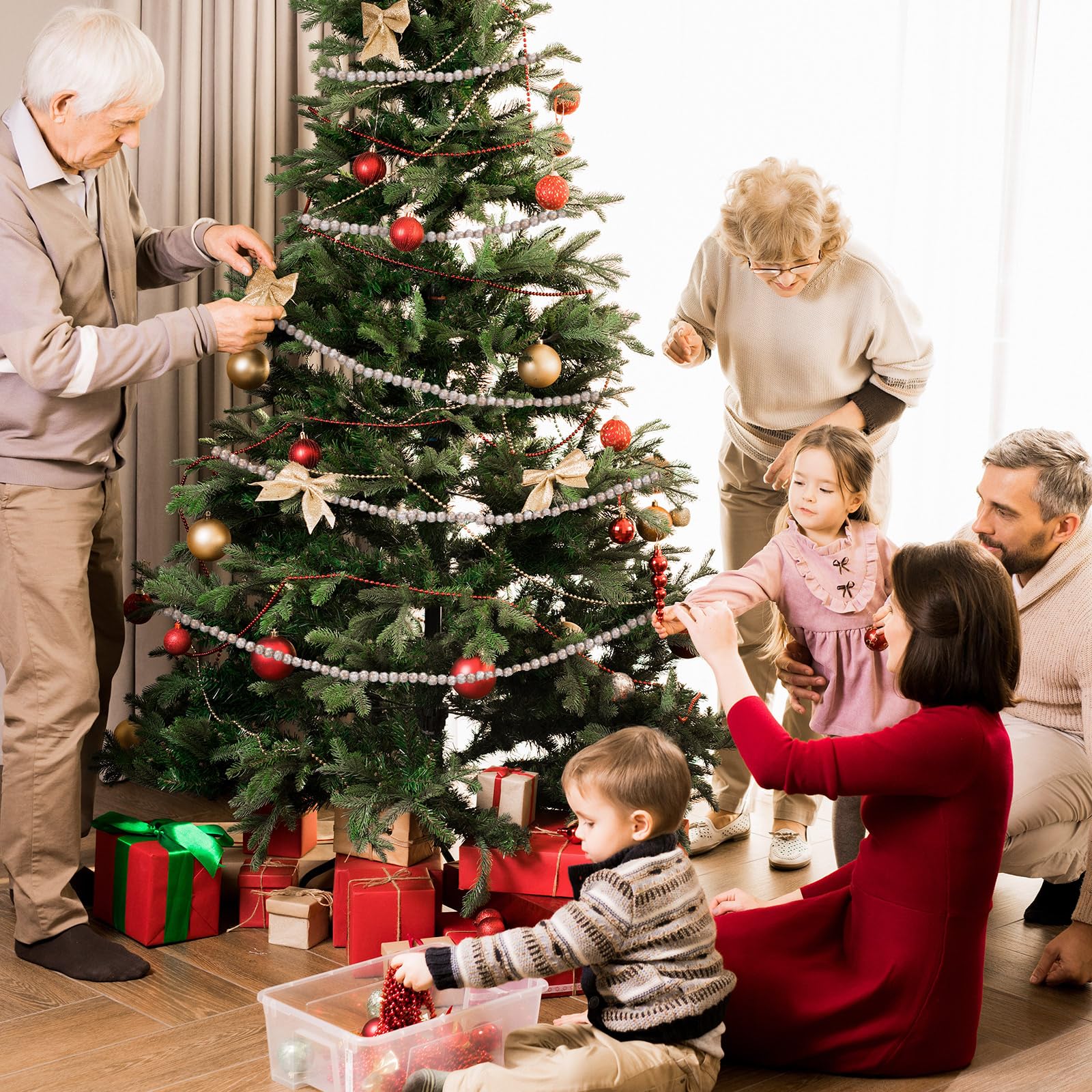 Hicarer Guirlande de perles de Noël en bois pour sapin de Noël - 3,7 m - Blanc doré