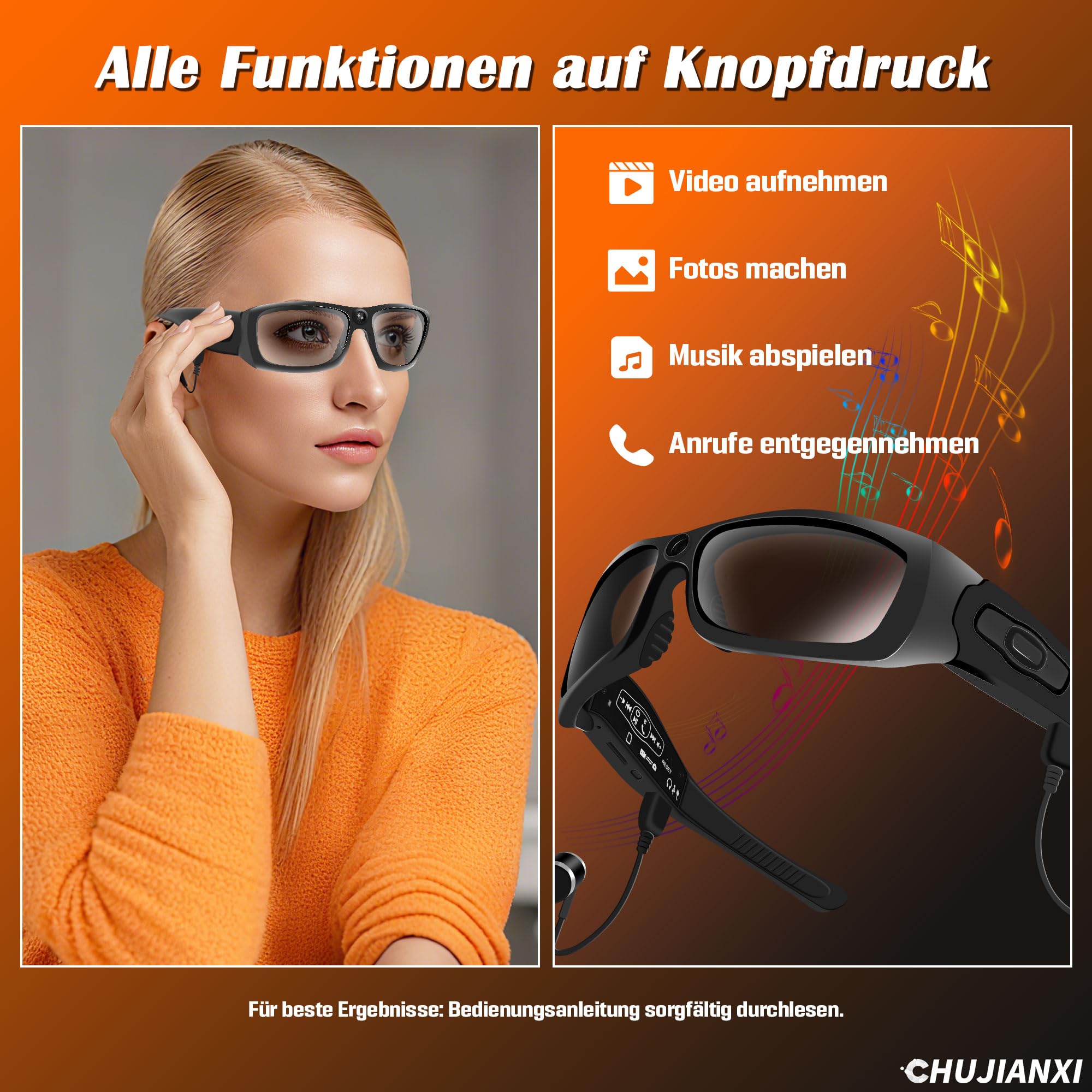 Mini Kamera,Brille mit Kamera Bluetooth,Videobrille 1080P mit Kopfhörer,Sonnenbrille Videobrille mit Polarisierten UV400-Gläsern,Tragbare Brille Camera für Outdoor-Sportarten,Radfahr