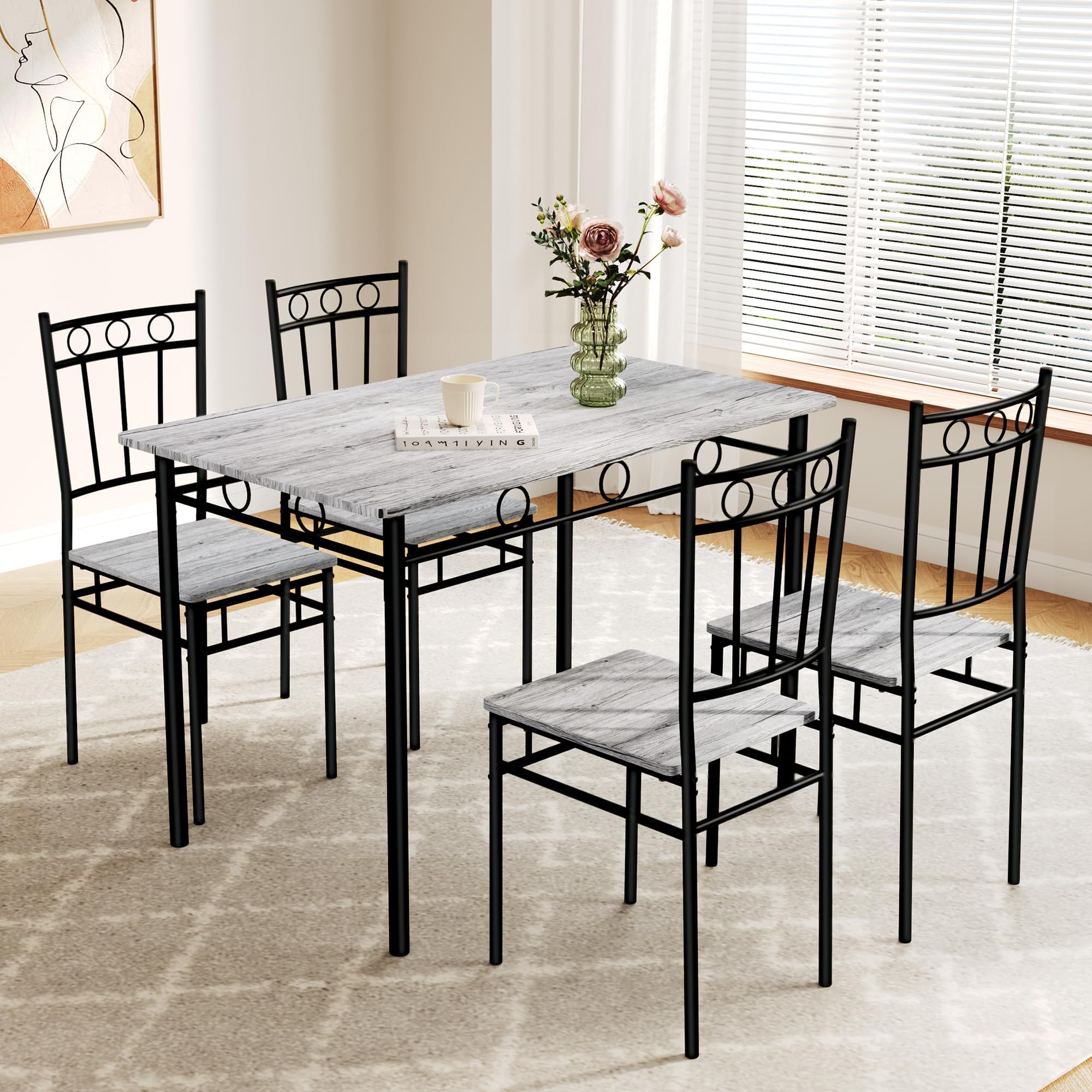 Rectangular Dining Room Table Set with 4 Chairs, Space-Saving Kitchen Table Set for Small Space, Retro Grey