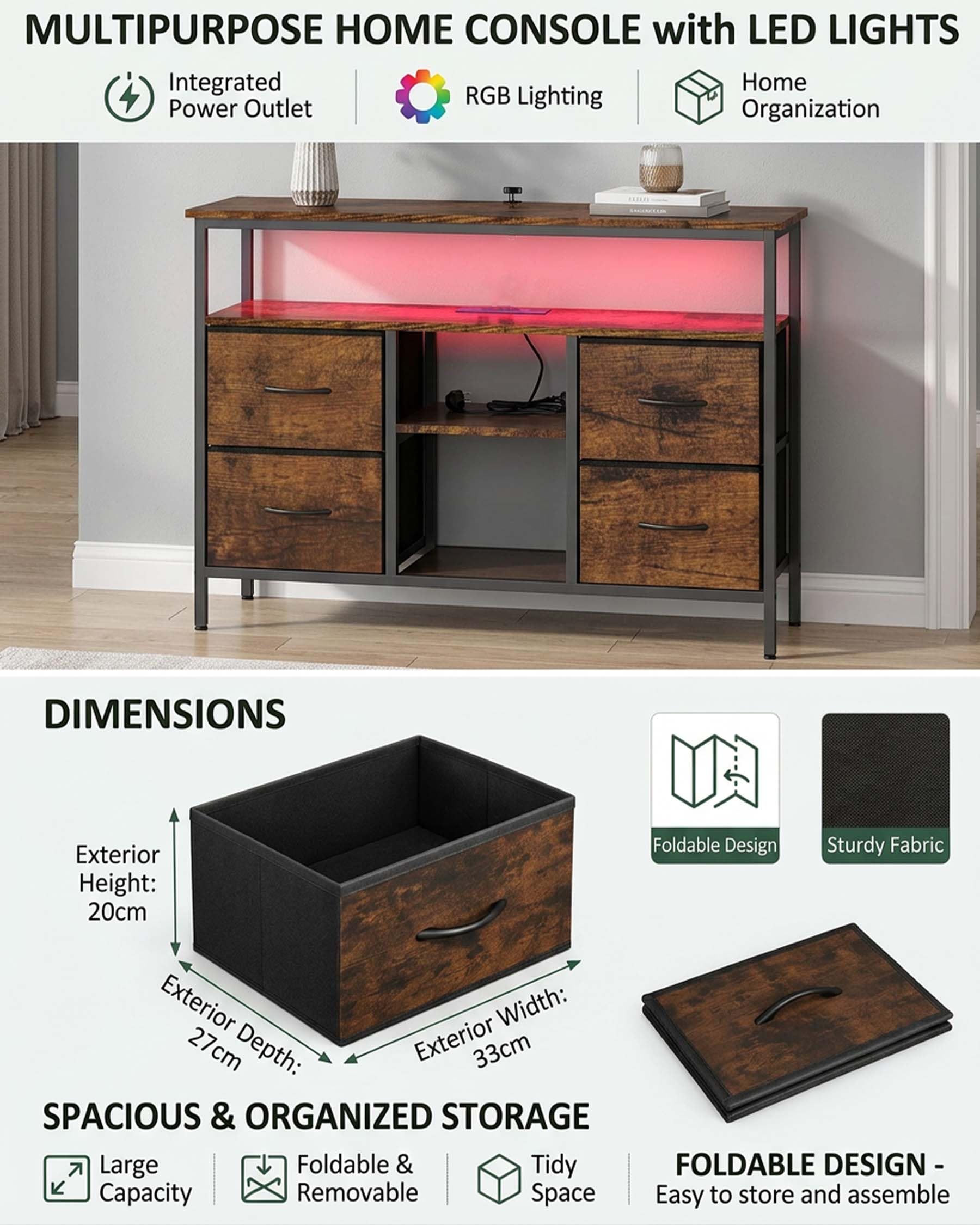 Hitsuki Meuble TV LED Meuble Télé Industriel Noir et Bois 110×30×78cm | PRISES ET RANGEMENT Deux prises et deux ports USB avec câble d’alimentation plus 4 tiroirs en tissu pour un usage quotidien