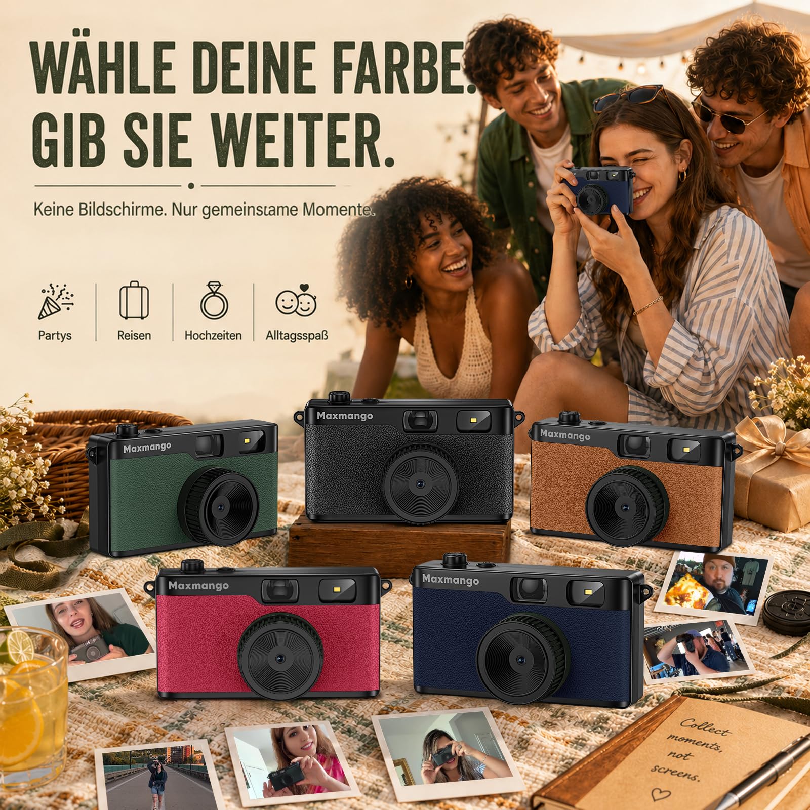 Maxmango D53 Retro Digitalkamera ohne Bildschirm, Einwegkamera-Ersatz, USB-C, 8GB SD-Karte, Schwarz
