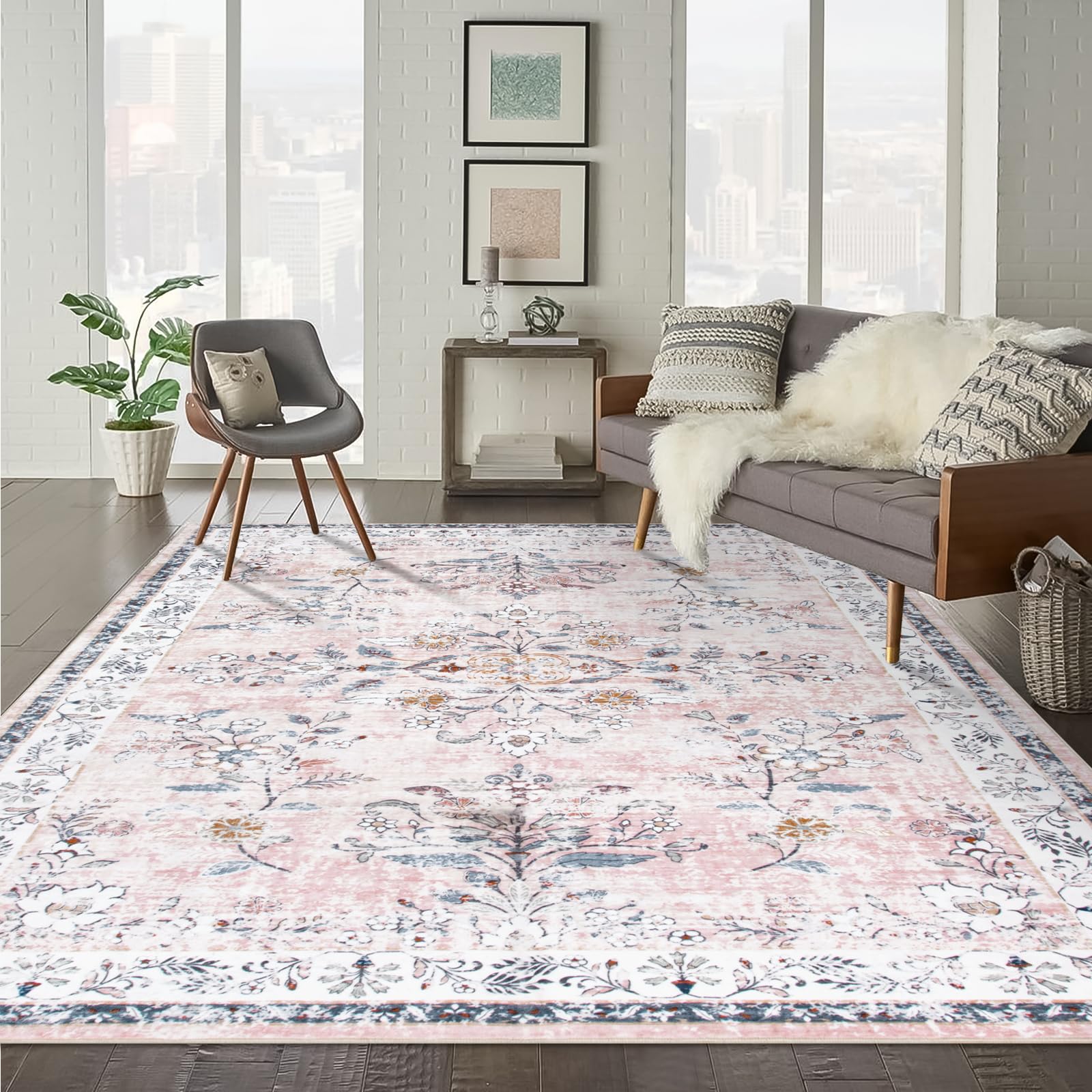 LIVEBOX Washable Area Rugs 9x12 Living Room, Soft NonSlip Pink Boho