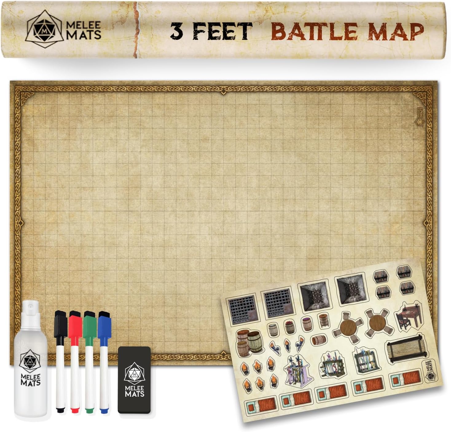 (Incomplete) Melee Mats DND Map Starter Kit for Dungeons & Dragons Game - 24” x 36\", Wet/Dry Erase Battle Terrain Grid - Ultimate Tabletop Gaming Experience with Accessories Version 2