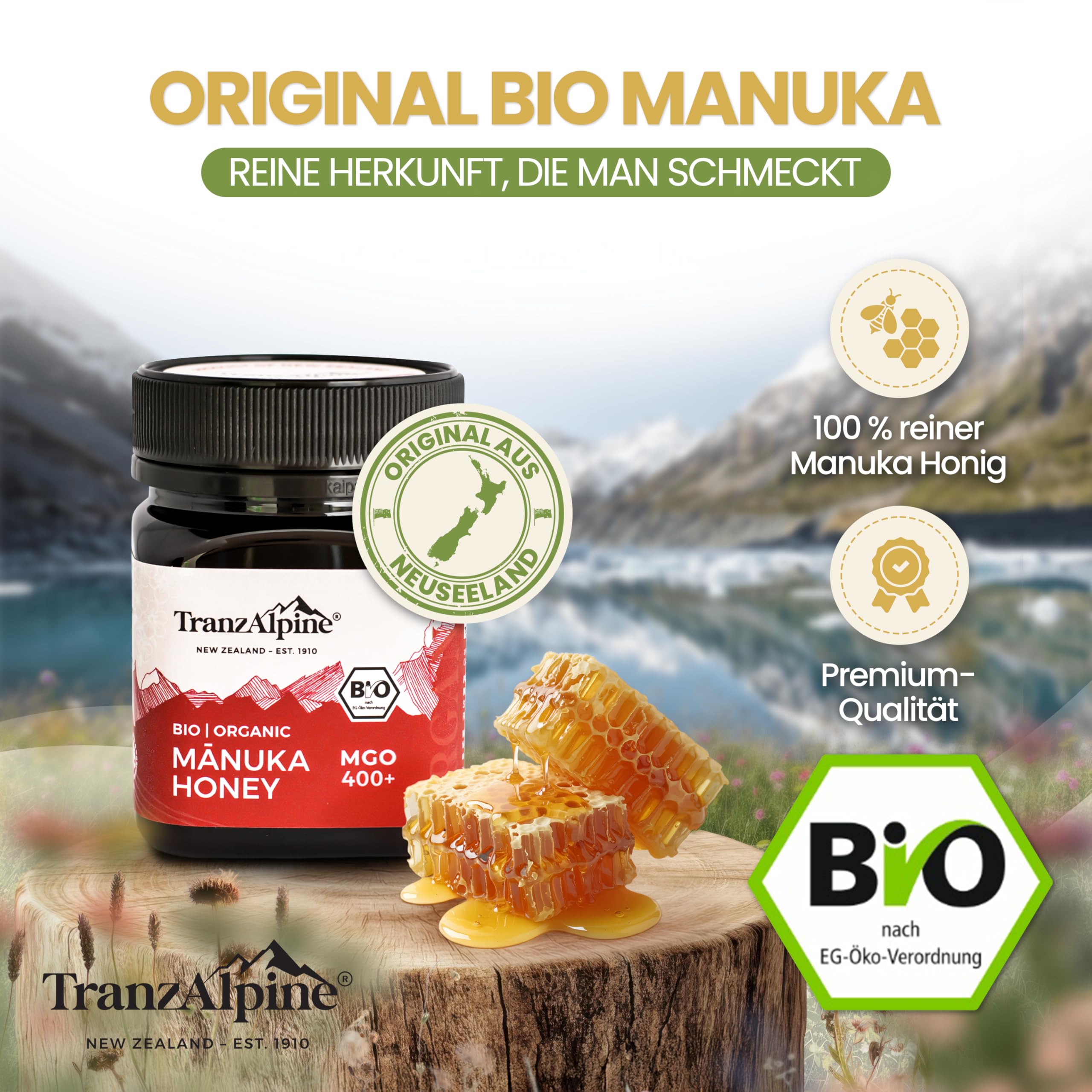 TranzAlpine Manuka Honig BIO-zertifiziert 250g - MGO 400+ | 100 % reiner Premiumhonig aus Neuseeland - Laborgeprüft & Original-Imkerabfüllung