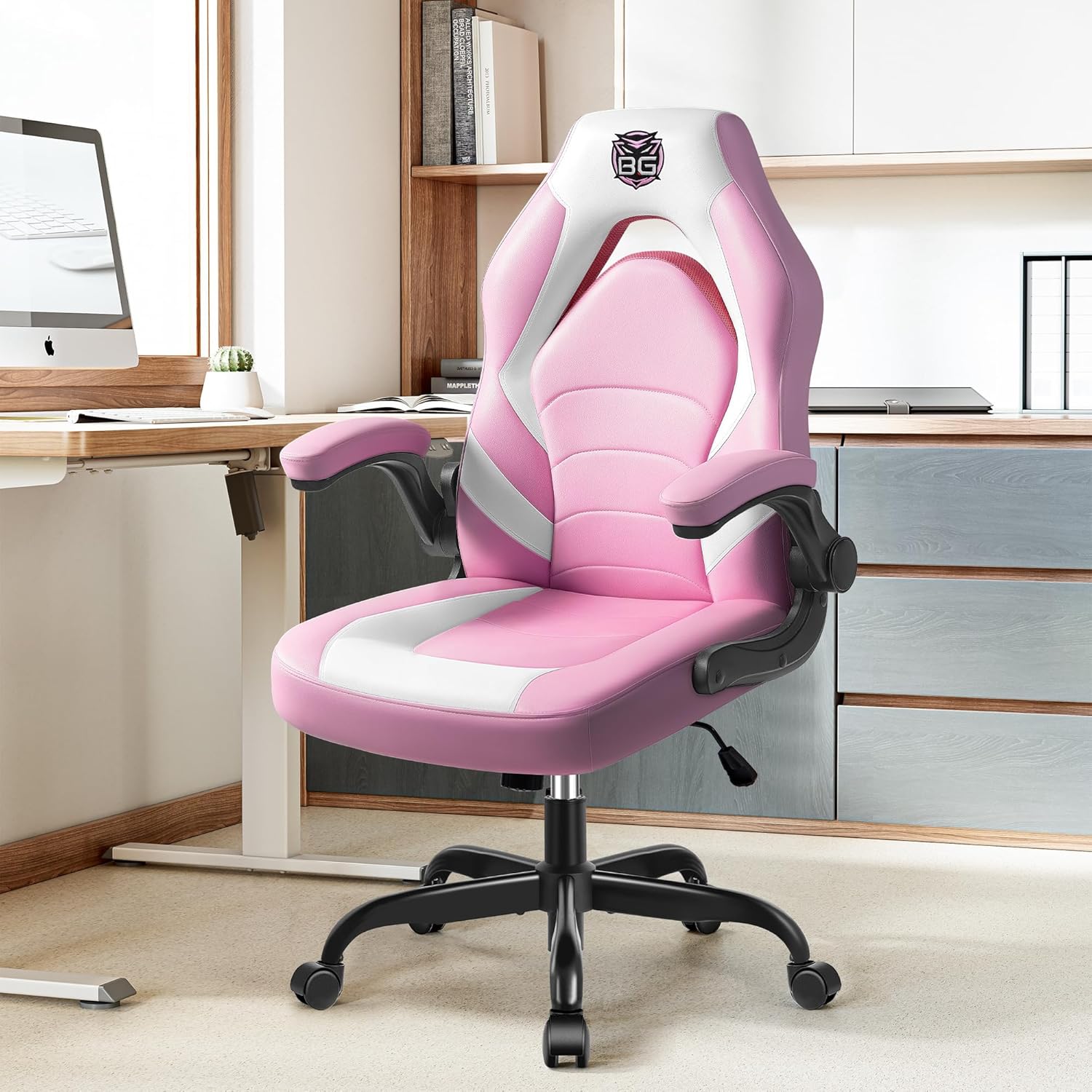 81sdhsEB+4L._AC_SL1500_ Gaming Chair, Leather High-Back Home Office Desk Chair with Flip-Up Arms, Ergonomic Padded Rolling Wheels Swivel Tilt Gamer Computer Chair with Comfy Lumbar Support, Height Adjustable, Pink