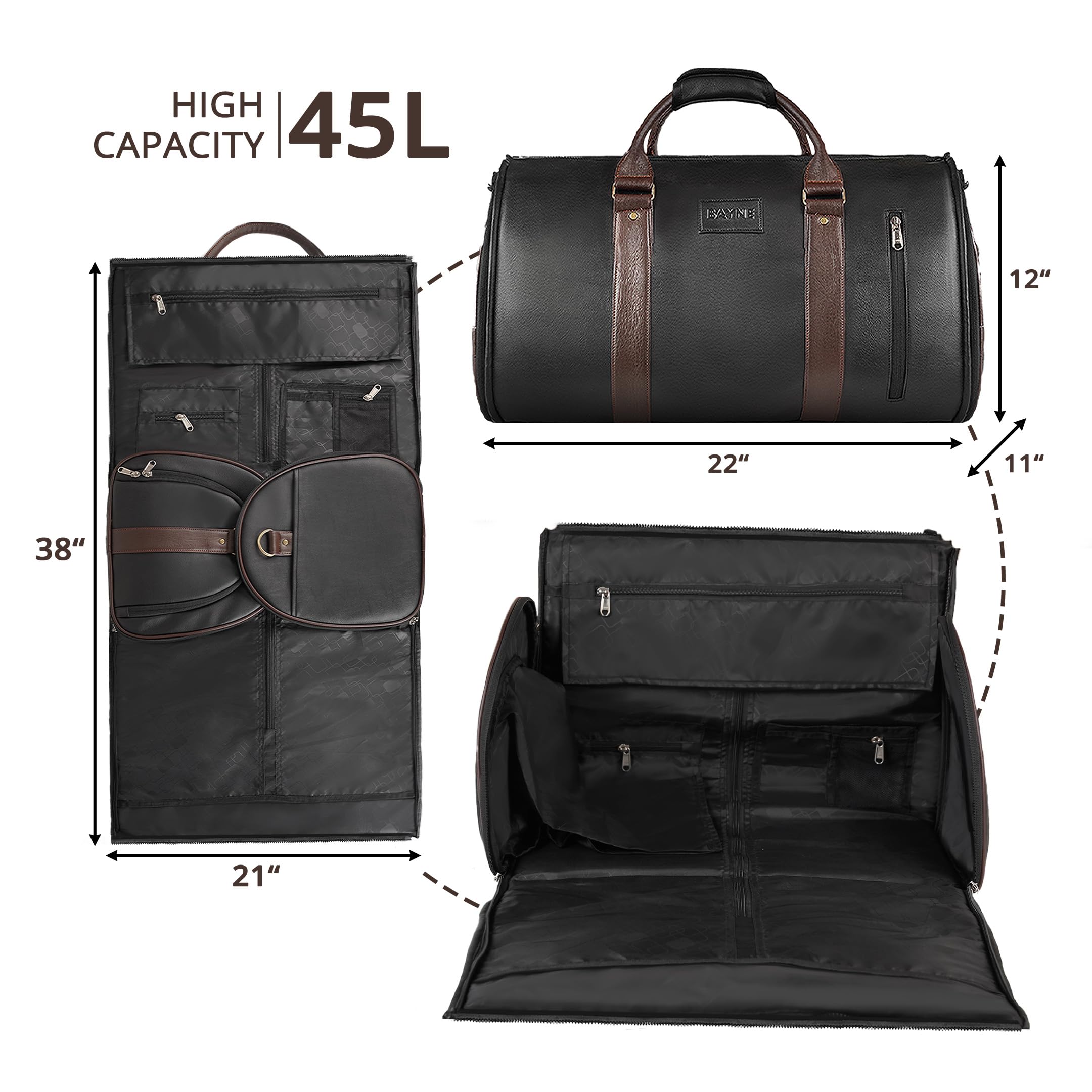 Bayne Convertible Large Size Garment Duffel Bag for Travel, Carry on Garment Duffel Bag for Men and Women - 2 in 1 Hanging Suitcase Suit Travel Bag (Faux Leather, Black) 4