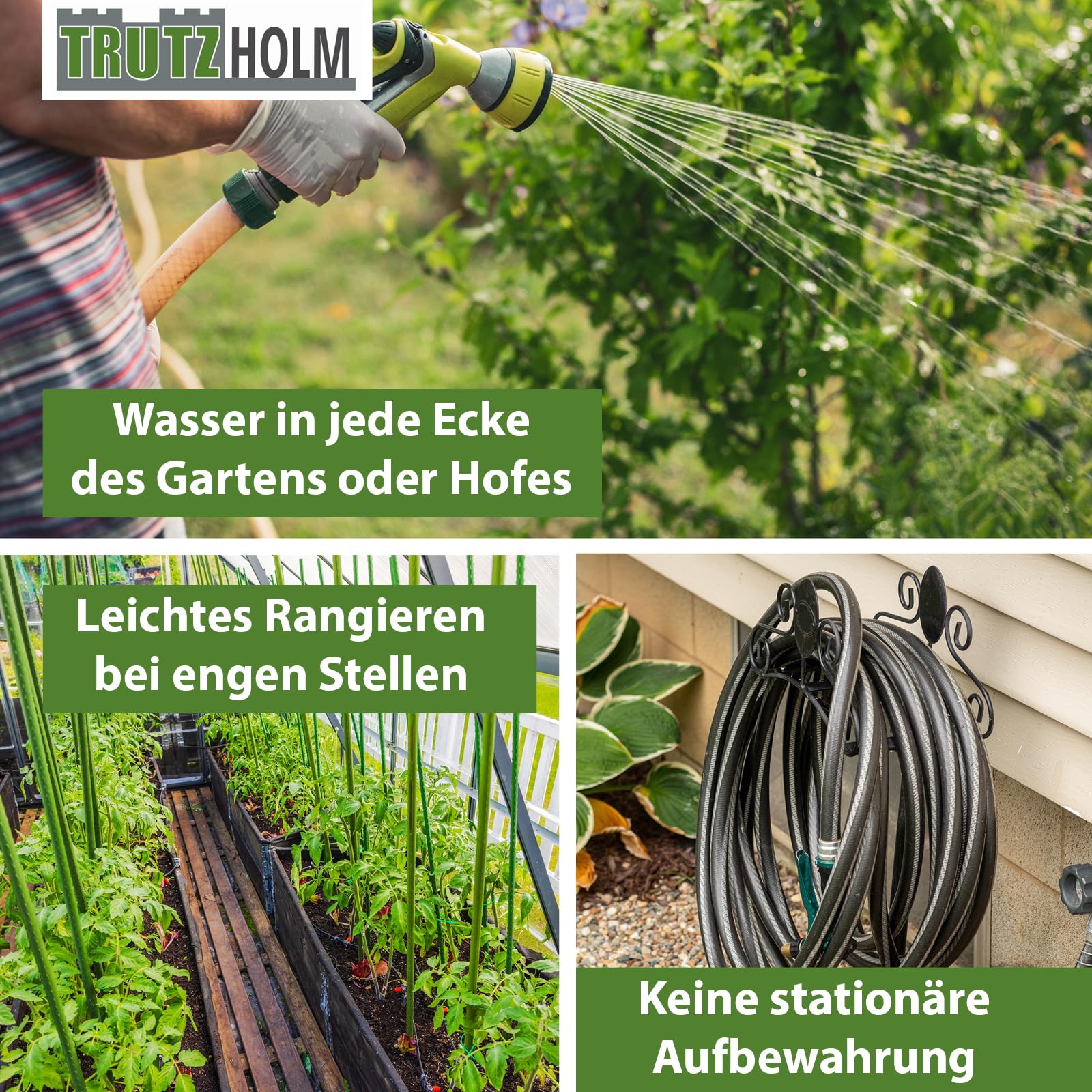 TRUTZHOLM Schlauchwagen Premium 4 Vollgummiräder, 92 x 57 x 78, pulverlackierter Stahl, für 80 m Gartenschlauch, Anschluß 3/4", adaptierbar auf 1/2 Zoll, Gartentrommel Schlauchabroller Schlauchhalter