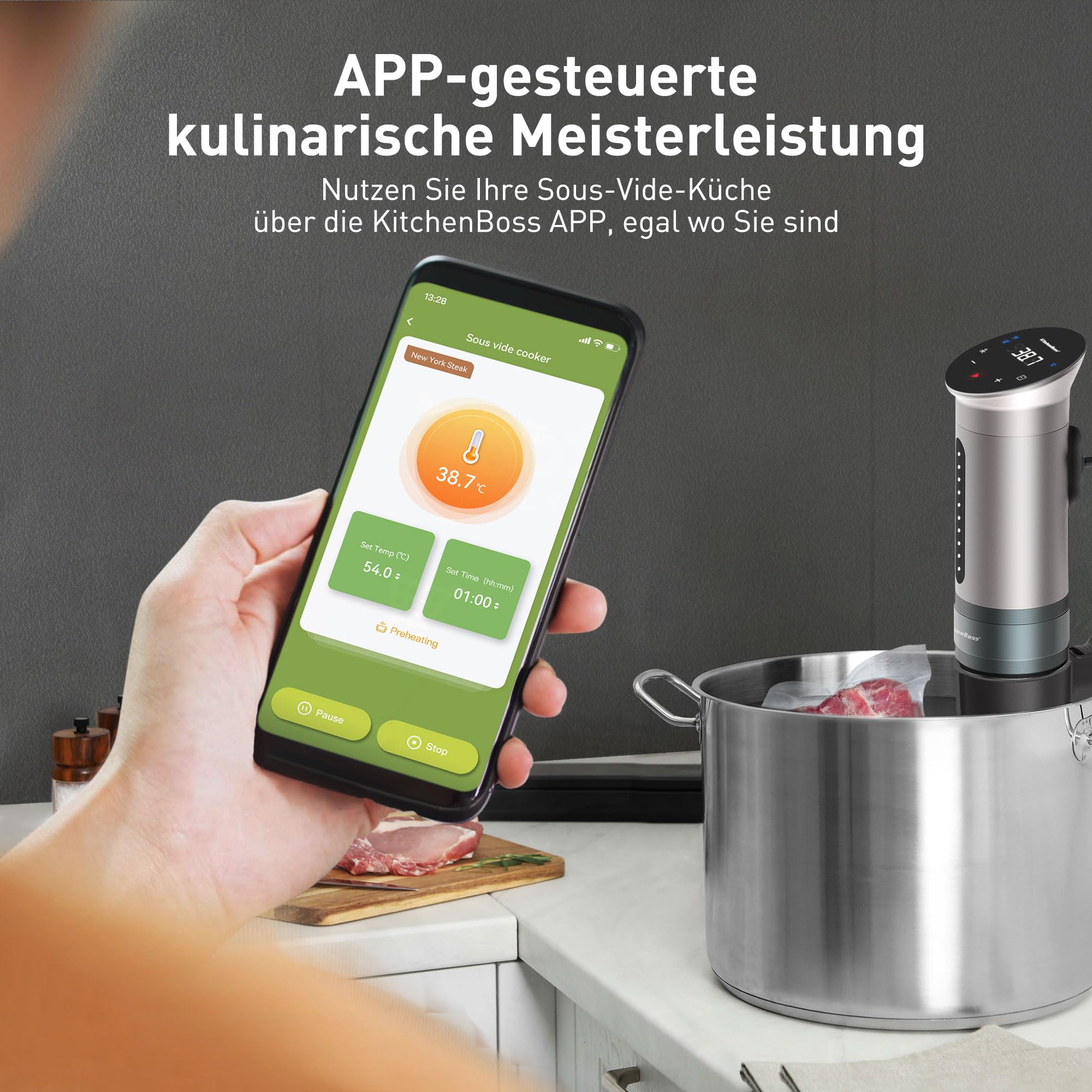 KitchenBoss Sous Vide Stick Garer： 1100W Präzisionskocher Wi-Fi Sous Vide Stick App-Steuerung Sous Vide Stab Zirkulation 40℃-90℃ IPX7 Wasserdicht LED Touch Display Ultra-leise Tauchzirkulator
