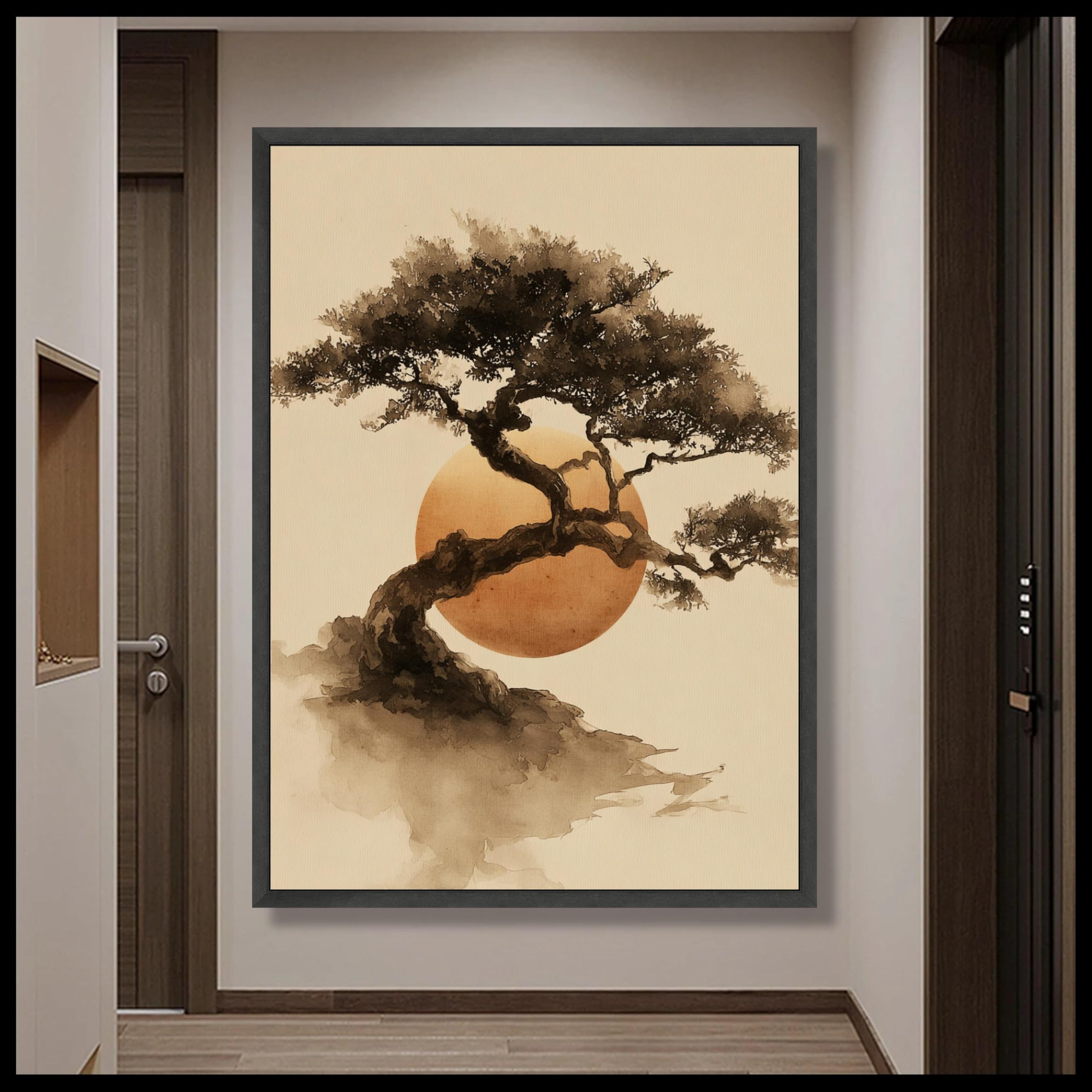 Lmycheng Frameless Bonsai Tree Wall Art, Japanese Zen Canvas Print, Minimalist Sunrise Silhouette Oil Painting For Living Room Home Decor(70X100cm/Frameless)