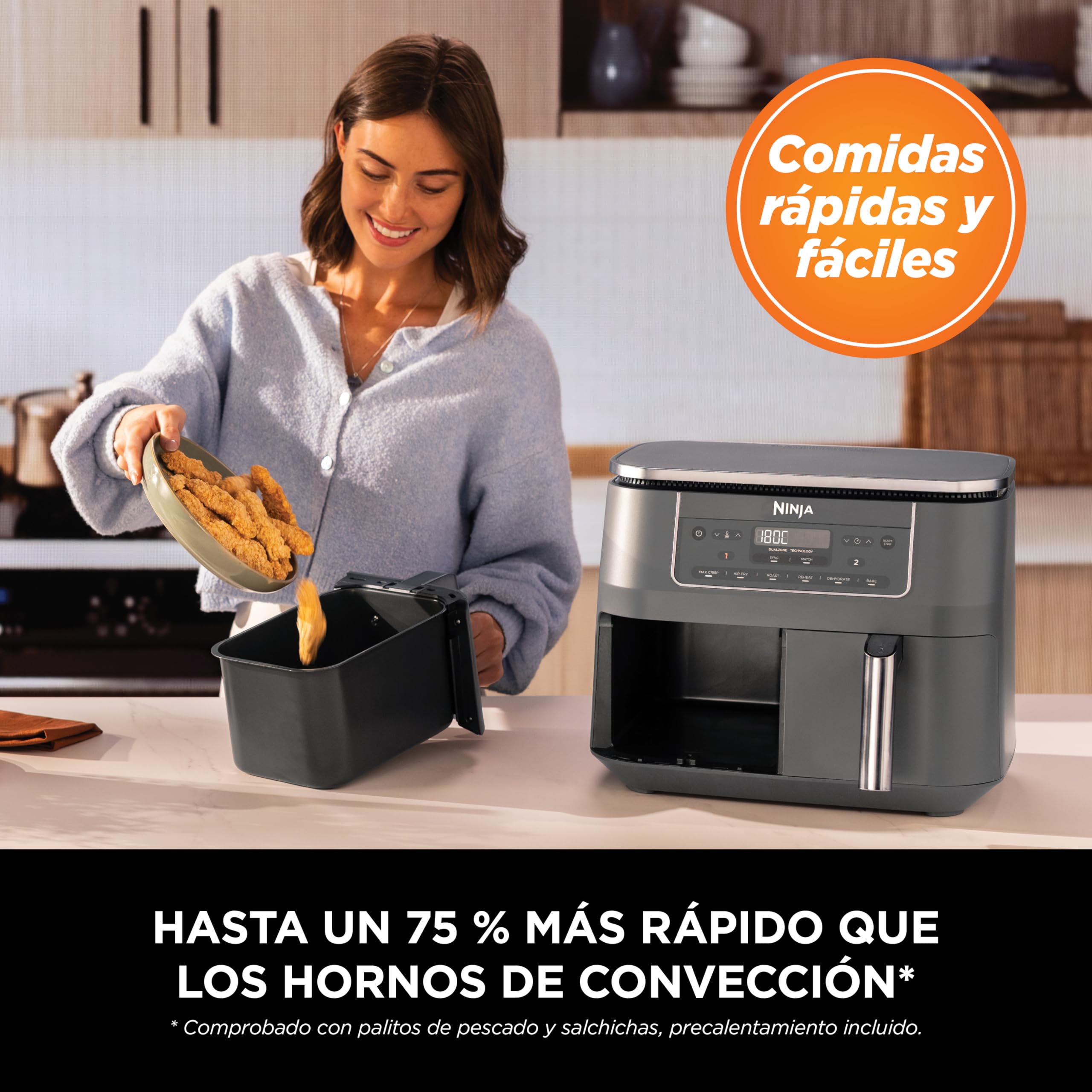 Ninja Freidora de aire con compartimento doble, 2 cajones, 7,6 l, 6 en 1, sin aceite, fríe con aire, gratina, asa, hornea, recalienta, deshidrata, cestas antiadherentes, gris metalizado DZ300EU