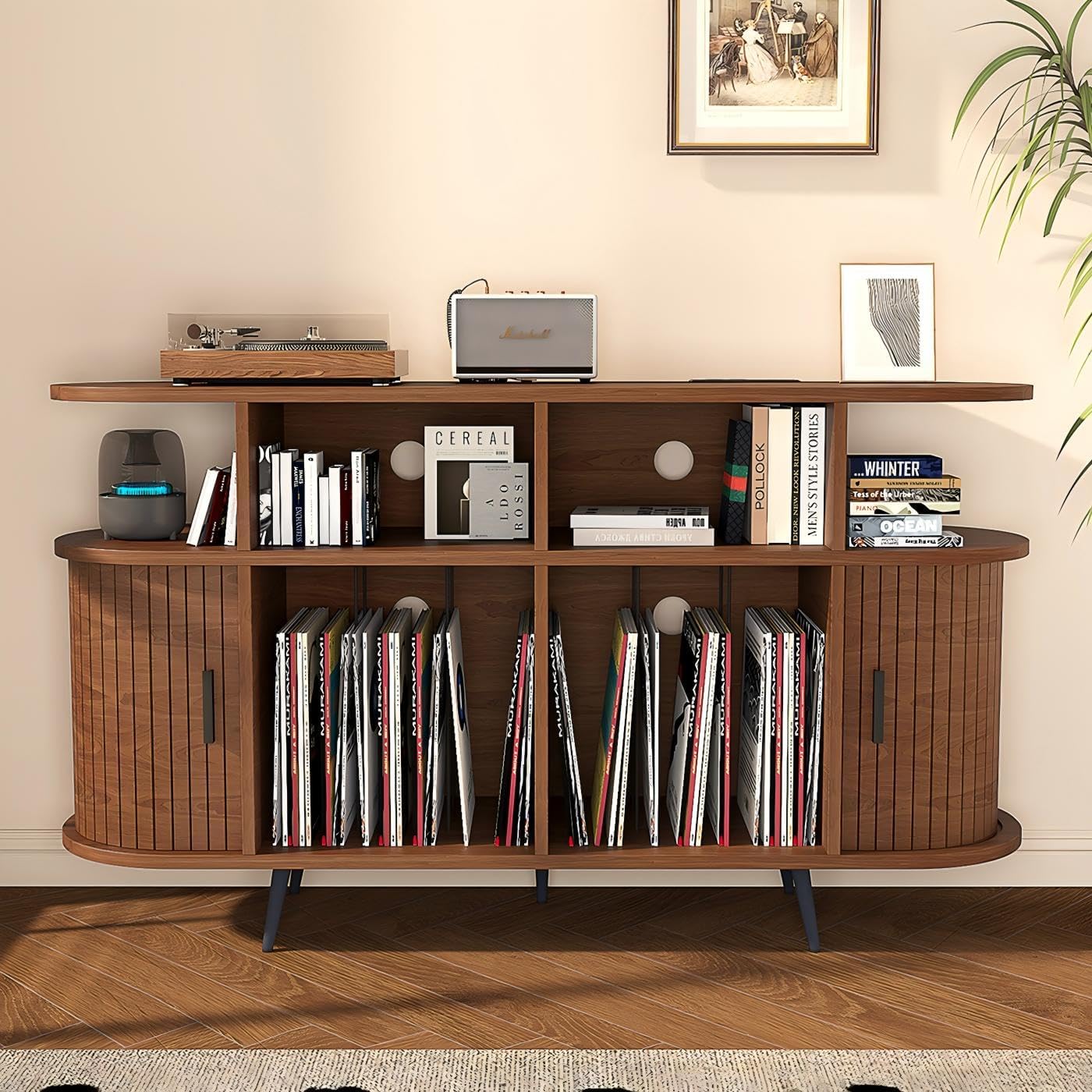 basenji Solid Wood Large Circular Record Player Stand, Vinyl Record Storage Cabinet, Record Player Stand with Power Strip and USB Port, Suitable for Bedroom and Living Room (Walnut, Large)