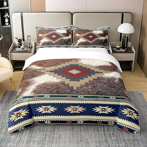 Miniatura 1 de jejeloiu Juego de ropa de cama azteca, tamaño King, estampado de piel de vaca occidental, funda de edredón 100% algodón para niños, funda de edredón