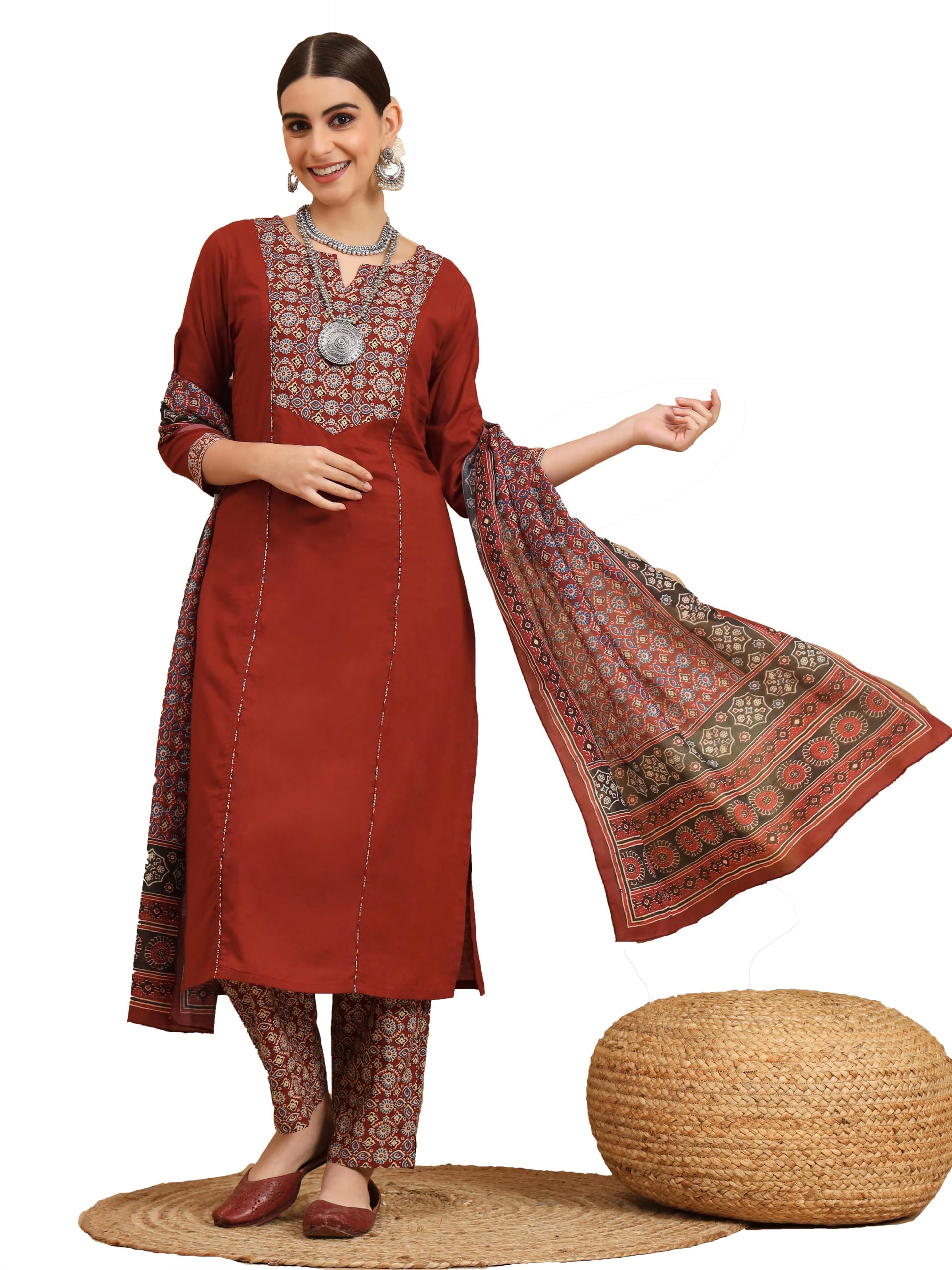 vbuyz Women'S Kalamkari Print Cotton Stitched Kurta Palazzo With Dupatta | Straight Kurta Pant Dupatta | Kurta Set with Dupatta for Women | Suit Set | Ethnic Set | Printed Kurta Set-picture-12