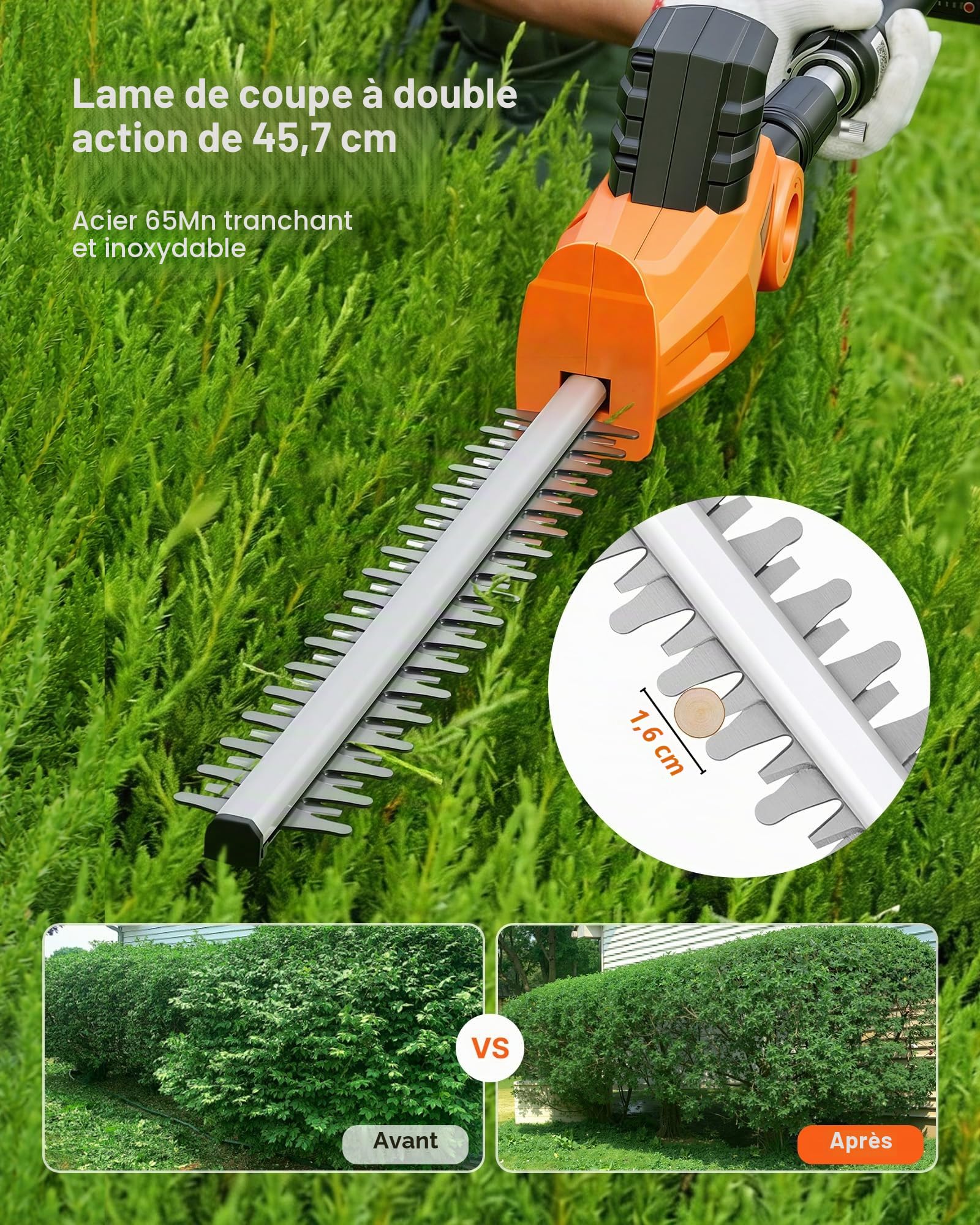 VEVOR Taille-haie Électrique sans Fil 20 V, Taille-haie à Batterie pour Branches Hautes, Lame en Acier Double Tranchant 457,2 mm, Perche Télescopique 187,5-238,5 cm, Batterie et Chargeur Rapide Inclus