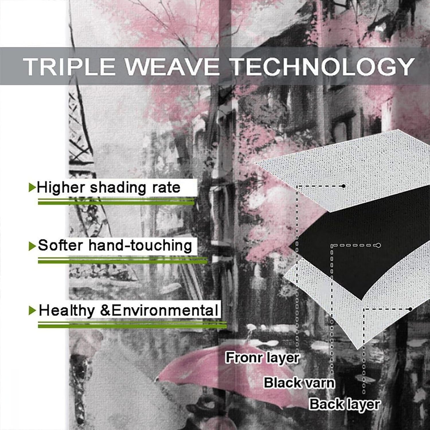 Eiffel Tower Blackout Curtain,Oil Painting Style Pink Paris Tower Couple Pattern Window Treatments 2 Panels Drapes for Bedroom Living Room Kitchen Decor 55x63in