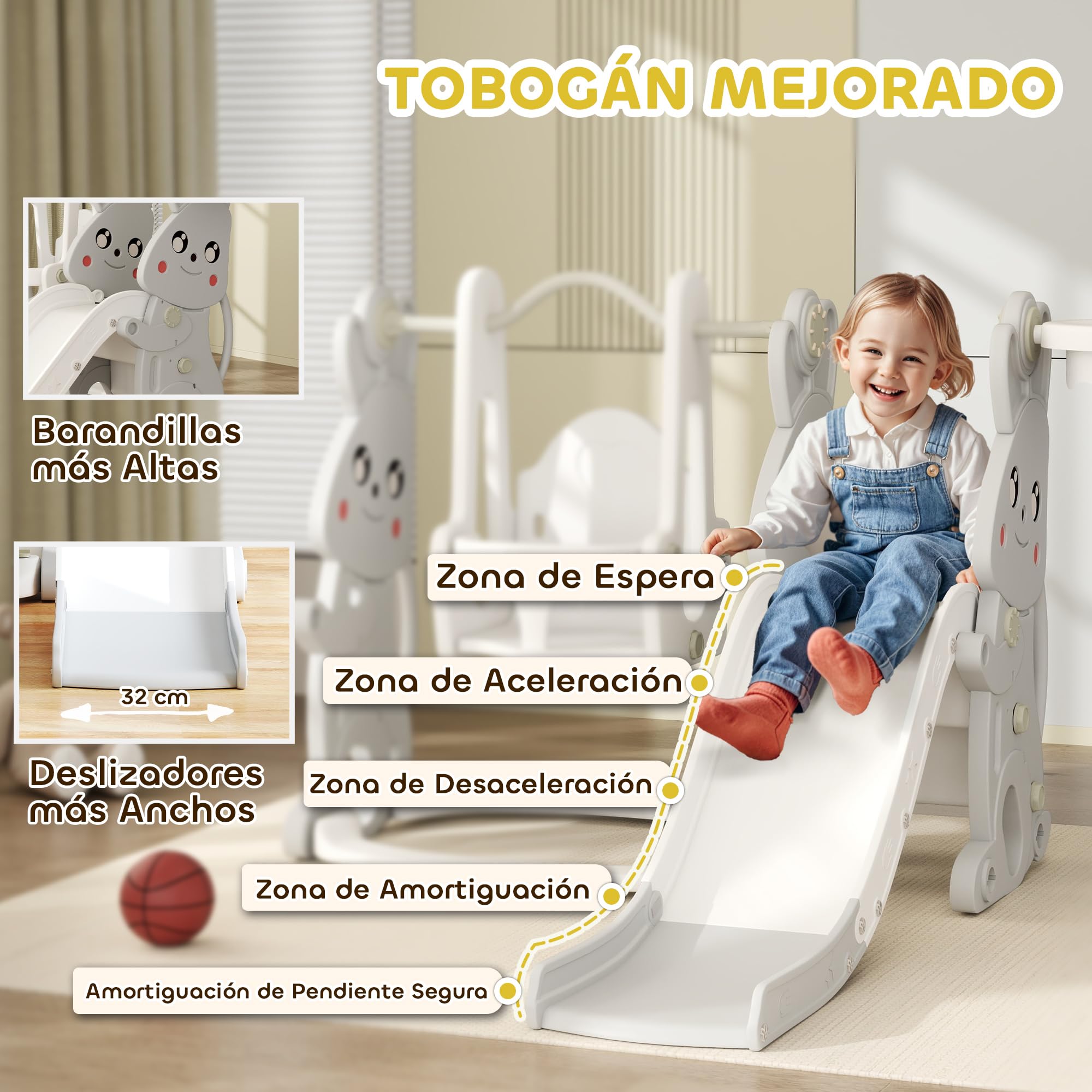 AIYAPLAY Tobogán Infantil 4 en 1 Columpio y Tobogán Trepador Aro de Baloncesto Temática de Conejo Parque Infantil para Interior y Exterior Gris y Blanco