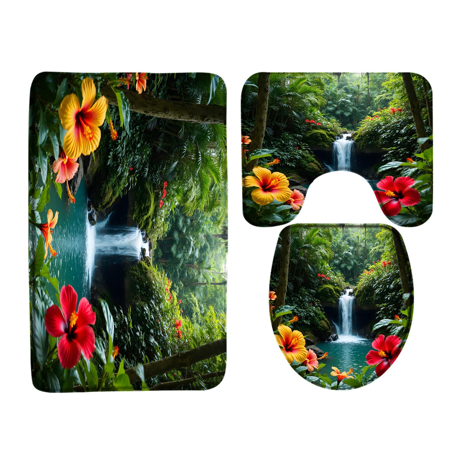 Tropical Rainforest Waterfall 3 Piece Bath Mat Tropical Floral Leaves Green Plant Jungle Stream Nature Garden Scenery Bath Mat,Toilet Lid Cover,