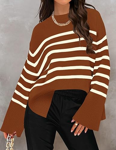 Miniatura 2 de ZESICA Suéter de manga larga a rayas para mujer, 2025, cuello redondo, punto acanalado, abertura lateral, suéter de gran