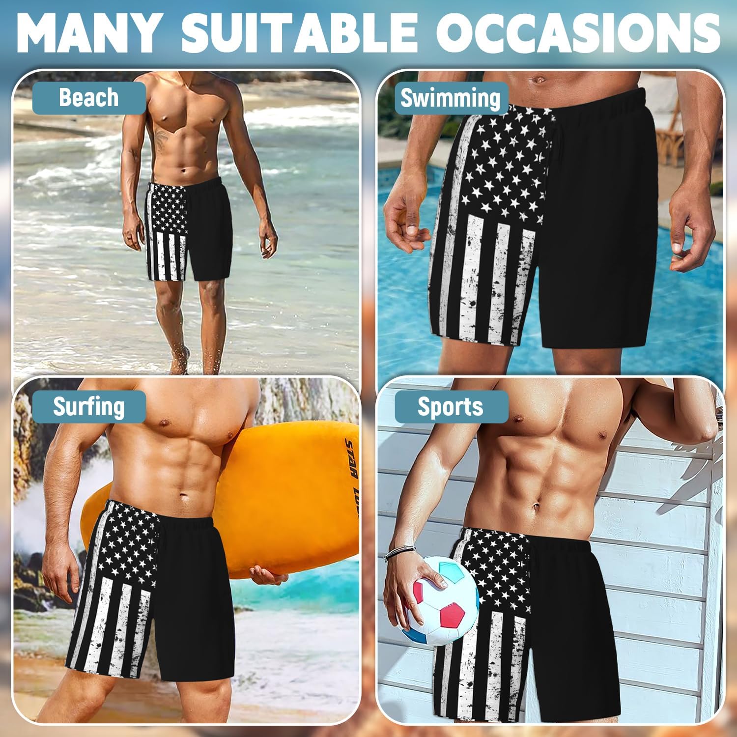 2 in 1 Mens Swim Trunks with Compression Liner American USA Flag Quick Dry Party Beach Shorts with Zipper Pockets - Image 5
