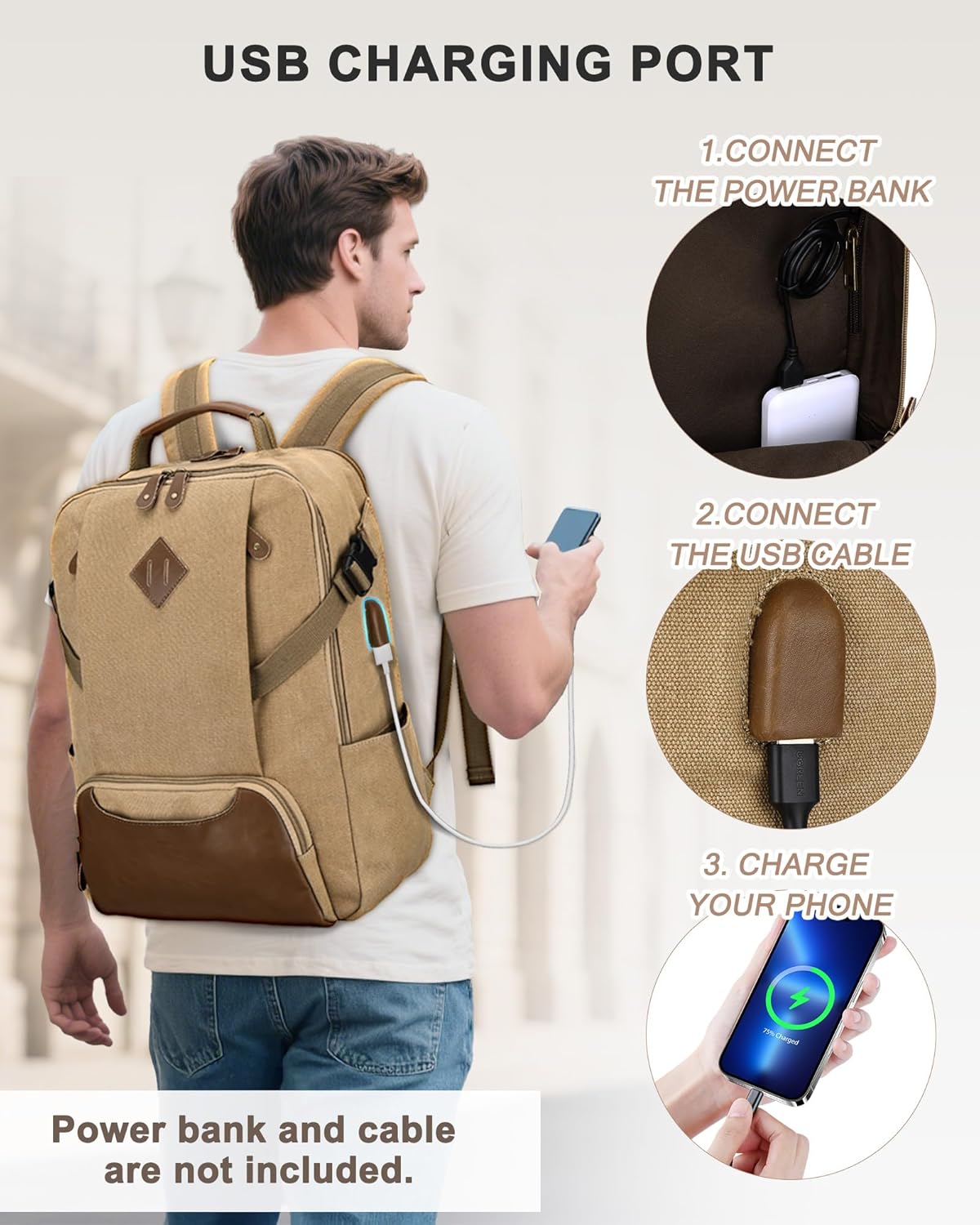 Kasqo Laptop Backpack 15.6 Inch Canvas Waterproof Anti Theft Business Travel College Computer Bag 18.8L Carry on Bag with USB Charging Port for Women Men, Khaki