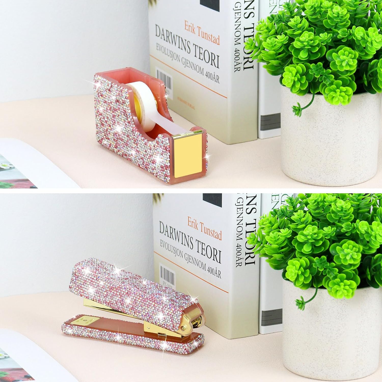MultiBey Bling Crystal Stapler and Tape Dispenser Set, Rhinestone Acrylic Stapler Tape Dispenser Holder Office Stationery, Pink Bling Office Supplies for School Home