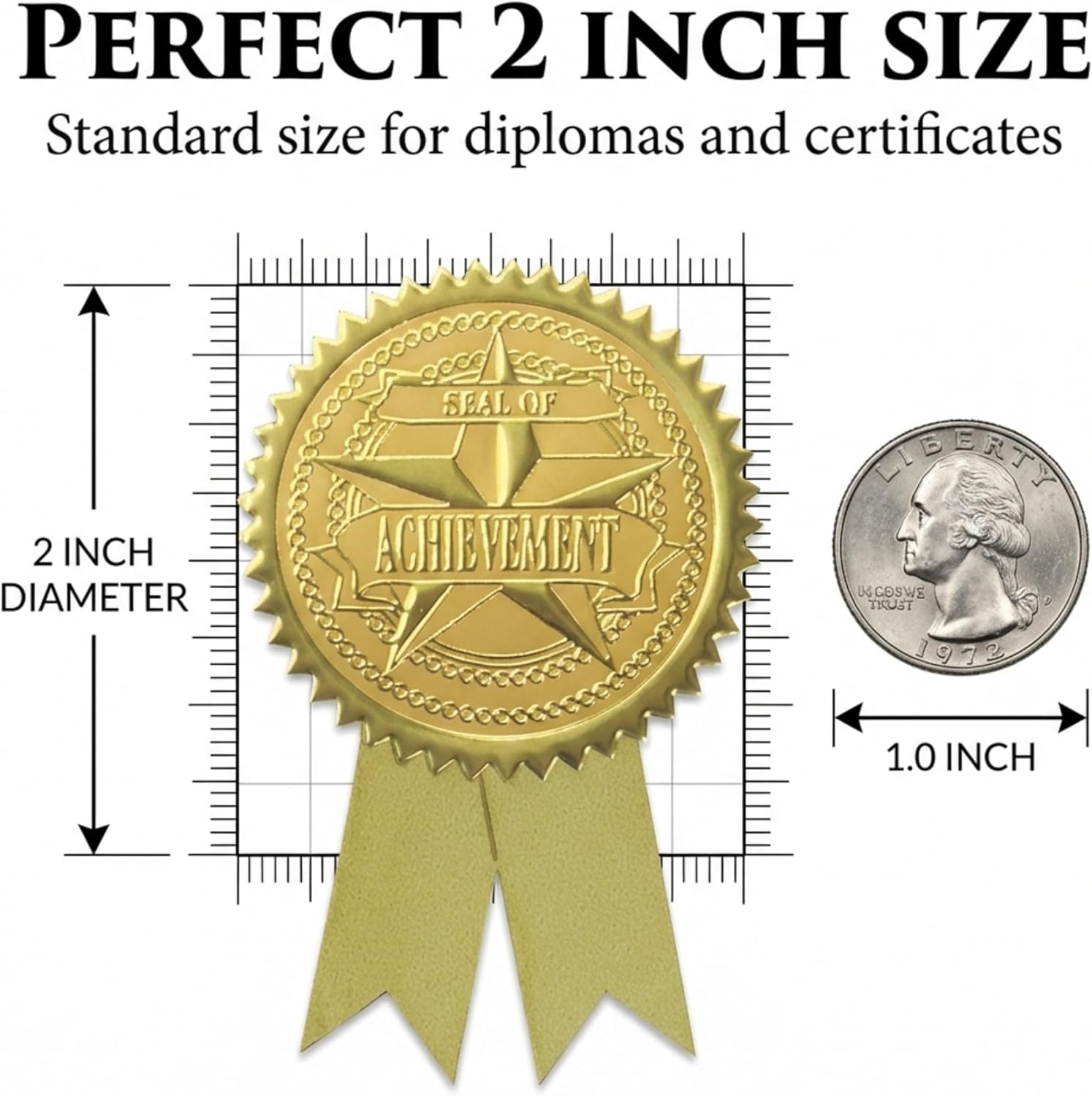 PaperDirect Embossed Seal of Achievement Gold Foil Ribbon Certificate Seals, 2 Inch, Self Adhesive, 100 Count, Embossed Seals for Certificates, Achievement Award Stickers for School, Work, Diploma - Image 3