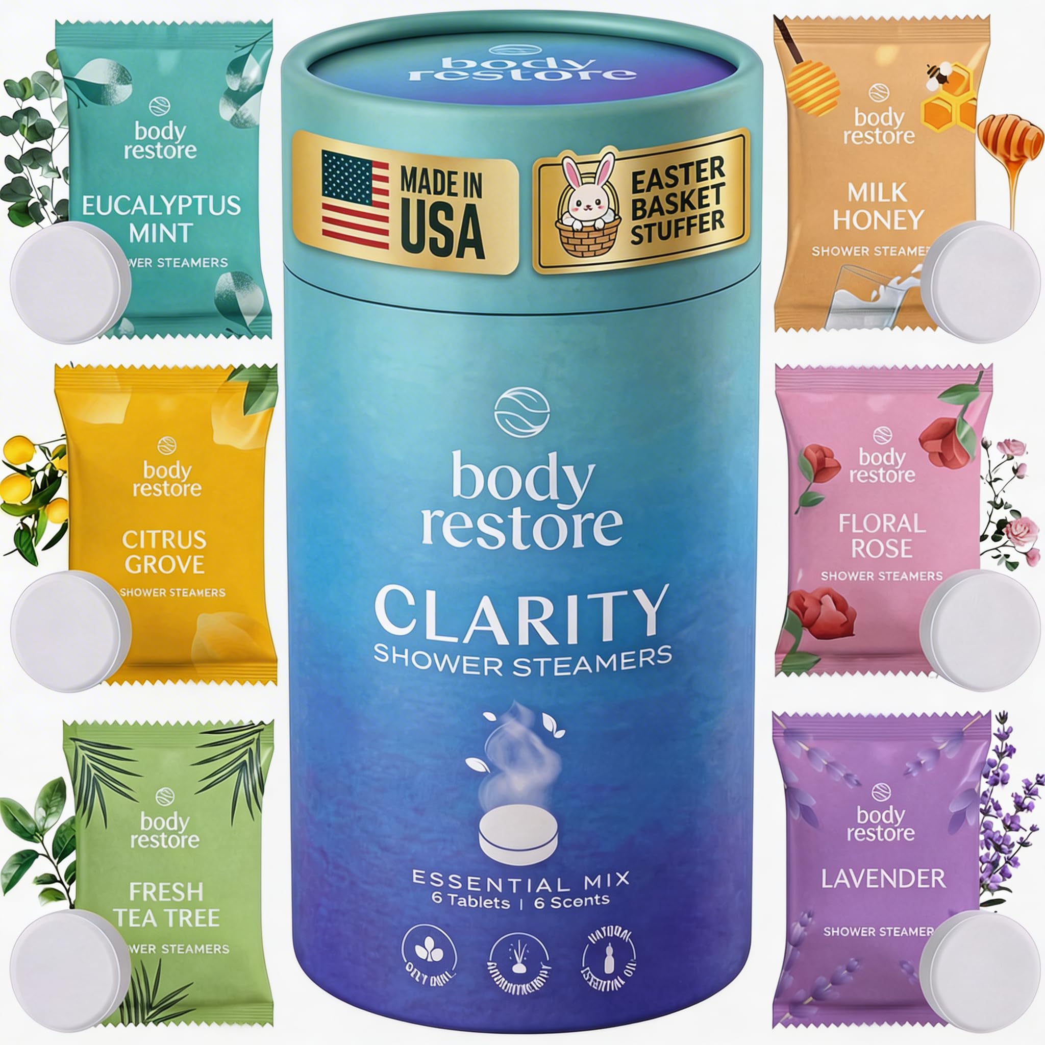 Body Restore Shower Steamers Aromatherapy 6 Pack – Easter Basket Stuffers, Easter & Birthday Gifts for for Men, Women, Girls & Boys, Stress Relief, Relaxation, Self Care – Clarity