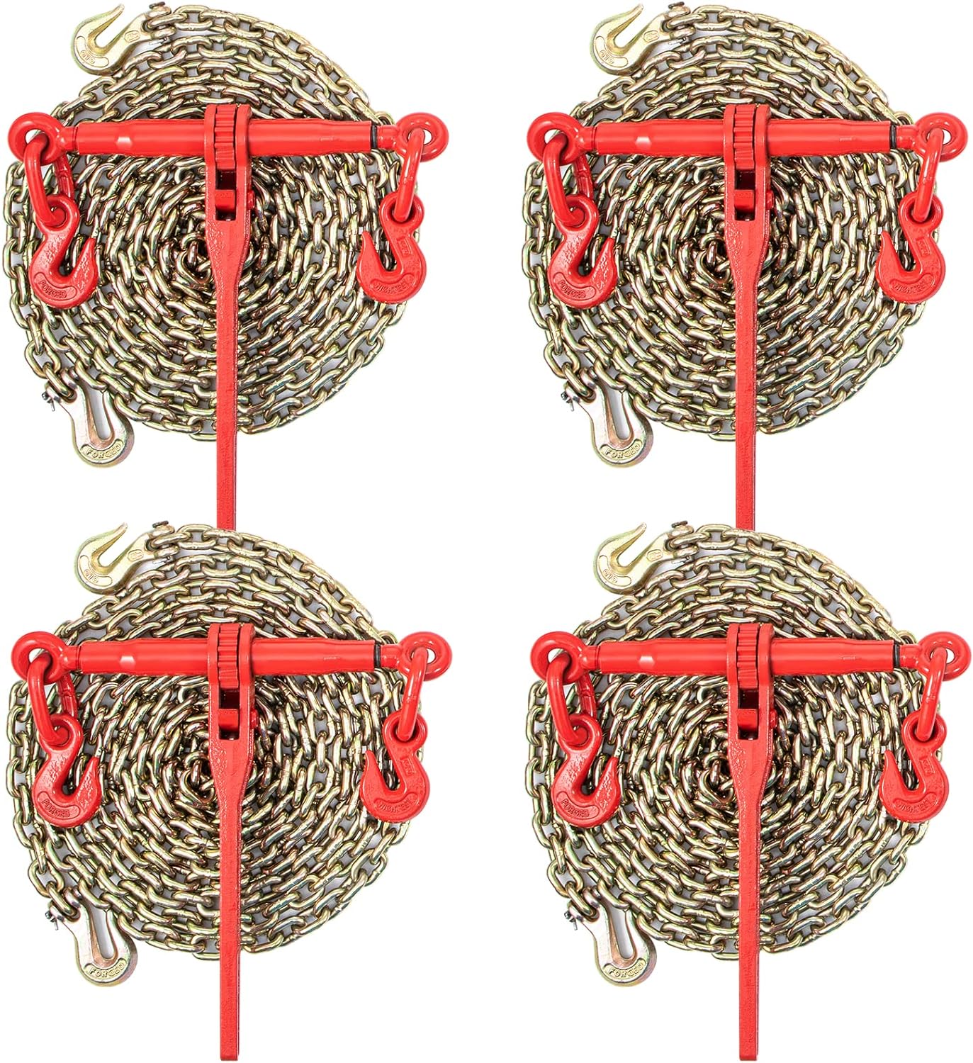 VEVOR Chain Load Binder, 5/16" Tie Down Kit w/ 7100LBS Working Load Capacity and Two Grab Hooks, Includes (4) Ratchet Binders - (4) 21' Grade 80 Chains, Transport Load Package for Hauling, Towing