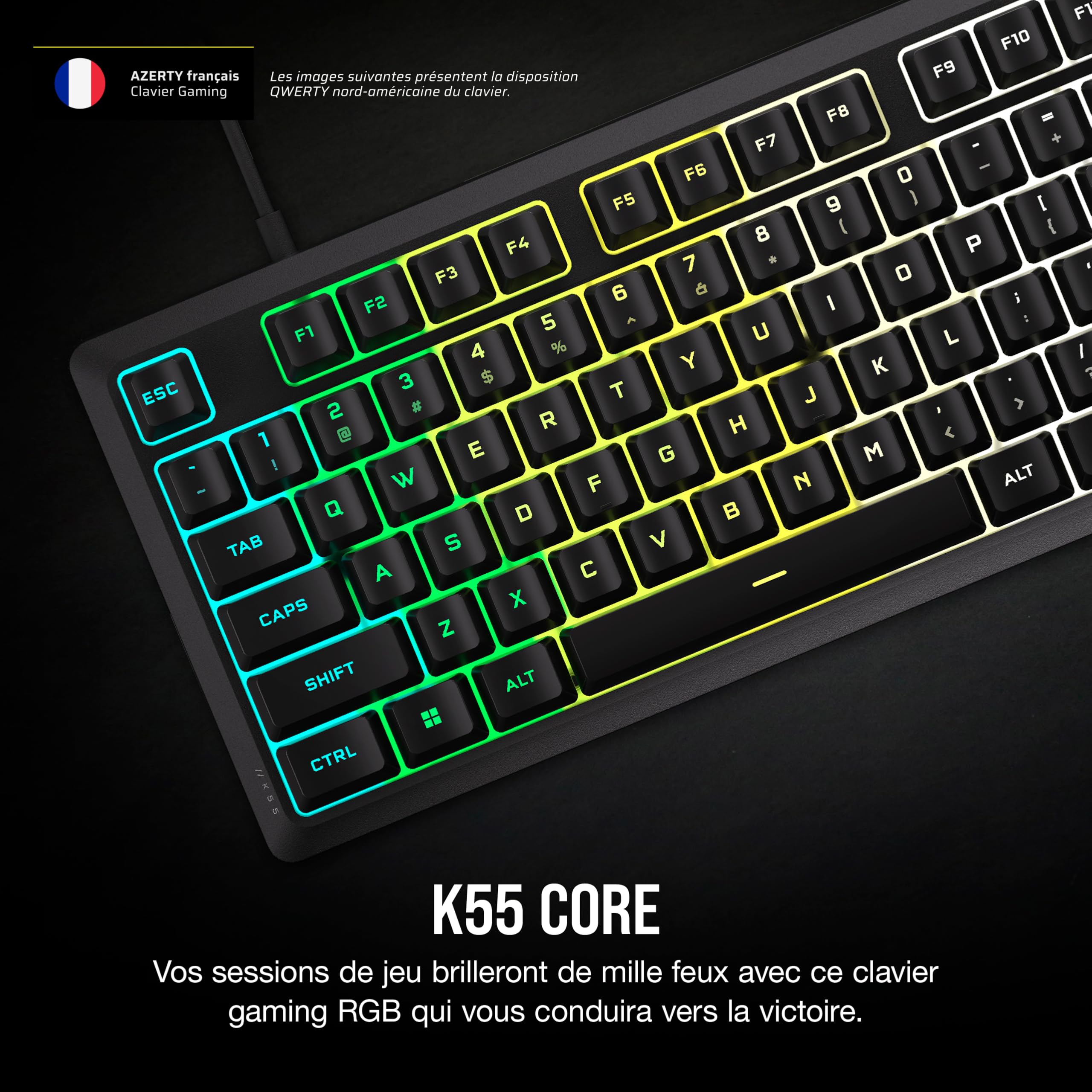 Corsair K55 Core RGB Clavier de Jeu Filaire à Membrane (AZERTY FR) – Noir | Commutateurs Réactifs, Résistance Aux éclaboussures, Ten-Zone RGB, Touches Multimédia, Compatible iCUE, PC, Mac