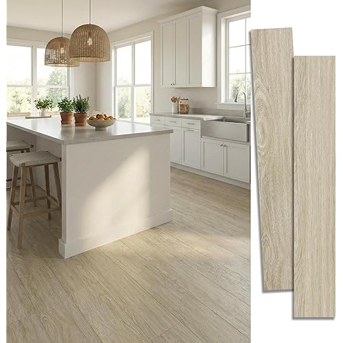 Waterproof Peel and Stick Floor Tile, 54 Sq.Ft Washed Beige Vinyl Wood Flooring, Easy DIY-Install & Durable for Kitchen, Bedroom, Bathroom, RVs, Rental-Friendly (36-Planks 6"x36")