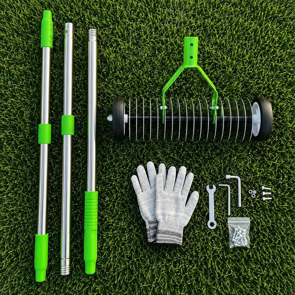 Manueller Hand-Vertikutierer & Rasenlüfter auf Rädern mit 130cm Stiel & Gartenhandschuhen, Aerifizierer mit 21 verzinkten Stahl-Klingen, Rollrasenlüfter für optimale Rasenpflege & Moosentfernung