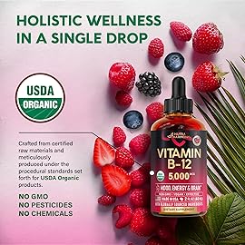 USDA Organic Vitamin B12 Sublingual Drops - 5000 mcg Liquid Vegan Methylcobalamin for Women & Men - Energy Boost, Focus & Mood, Brain Health Support - Maximize Absorption - 2 Month Supply, 2 fl oz