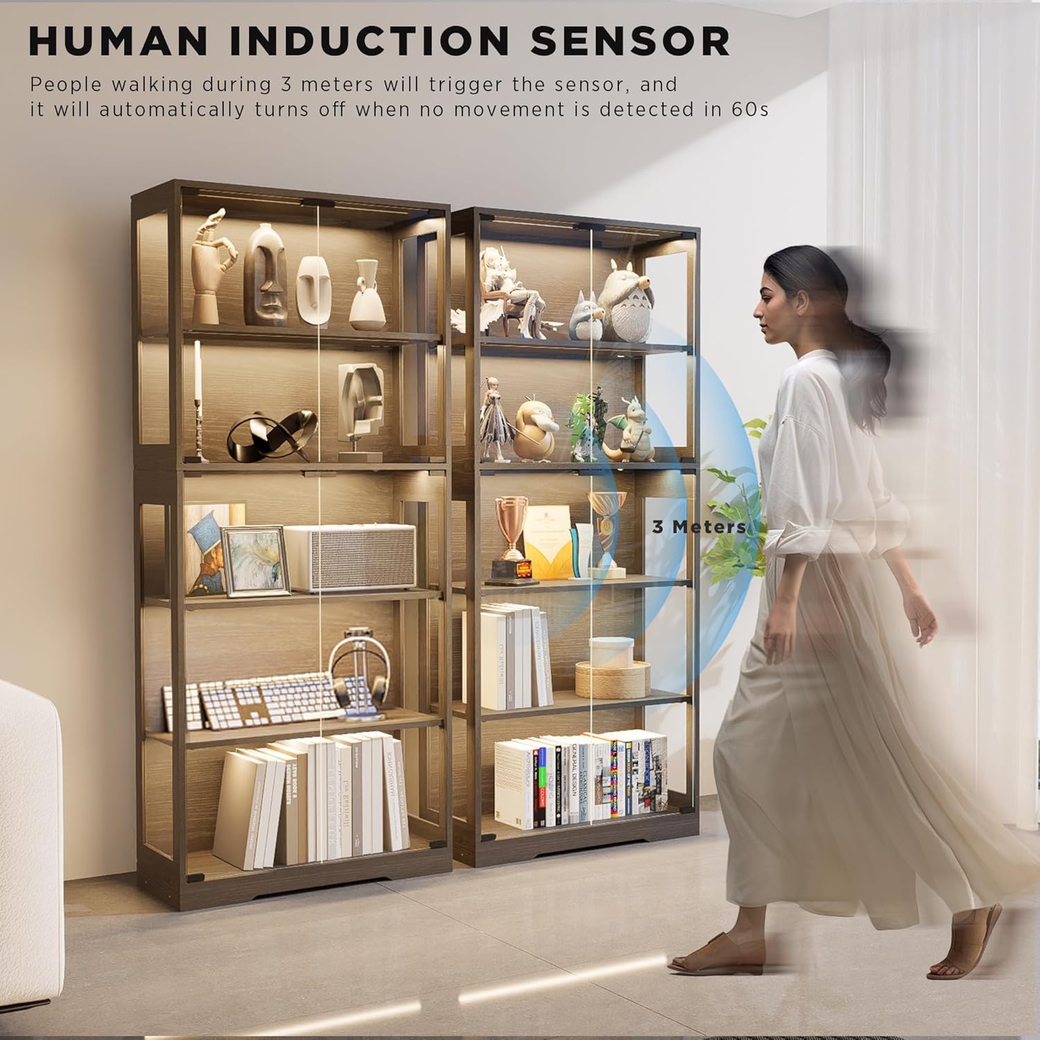65" Tall Display Case with Glass Doors, Lighted Display Cabinet Bookcase with Human Body Sensor, 5 Tier 3-Colored LED Storage Curio Cabinet for Collectibles for Living Room (Wooden Frame)