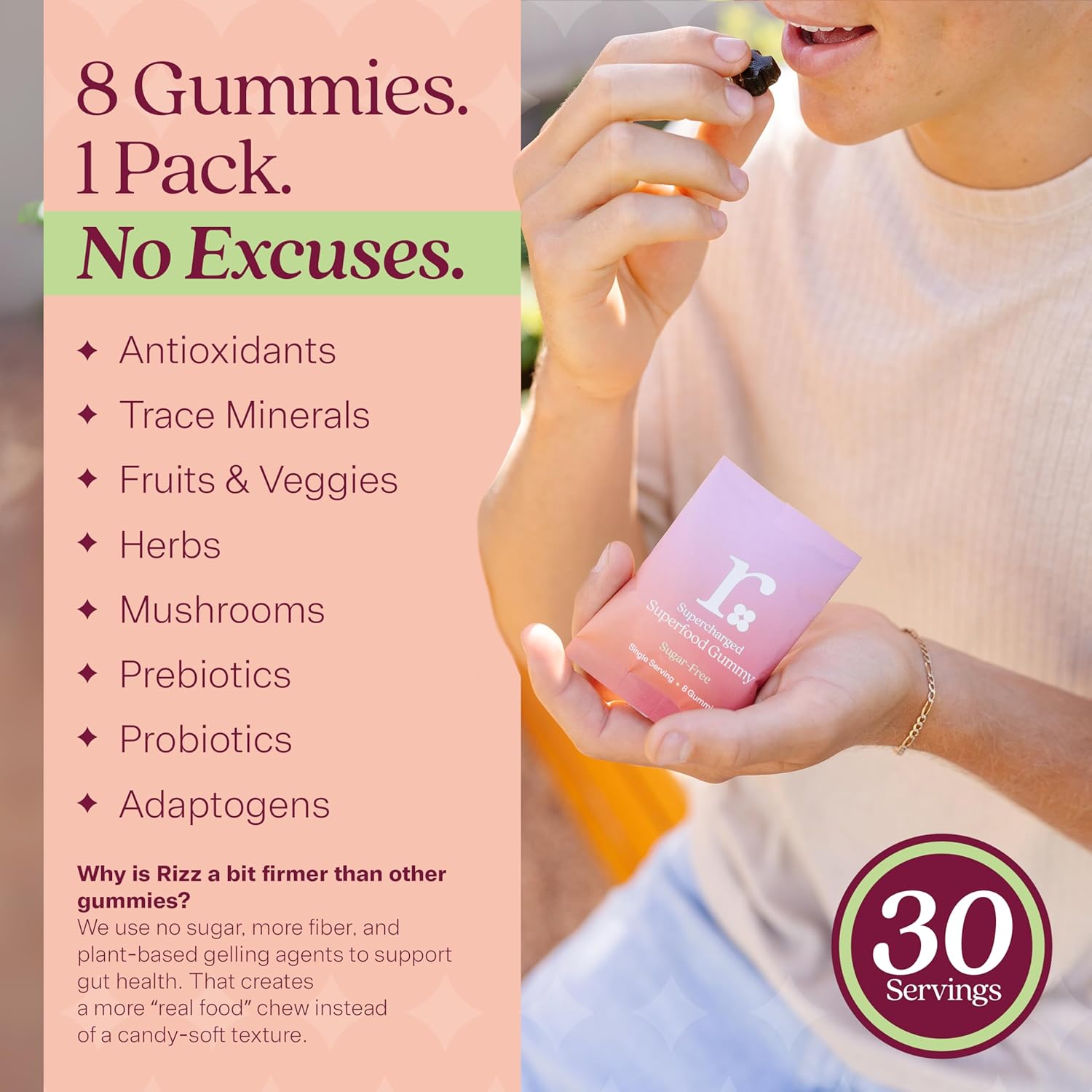 Rizz Sugar-Free Green Gummies - 60+ Superfoods 6g Fiber - Prebiotic and Probiotic Gummies - Vegan Multivitamins for Women & Men - Gluten Free - Mushroom, Fruit and Vegetable Supplements -30 Day Supply - Image 5