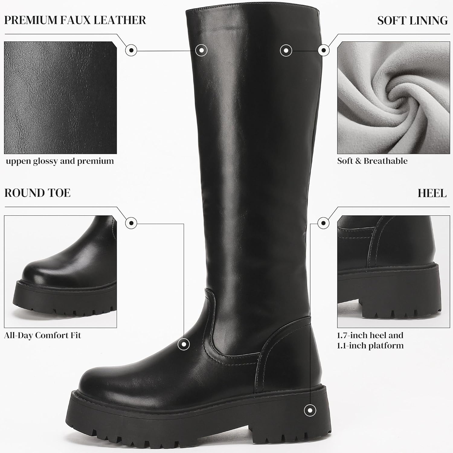 Putu Knee High Boots for Women Platform Riding Boots Round Toe with Chunky Lug Sole Comfortable Fashion Tall Boots Black 8.5 - Image 4